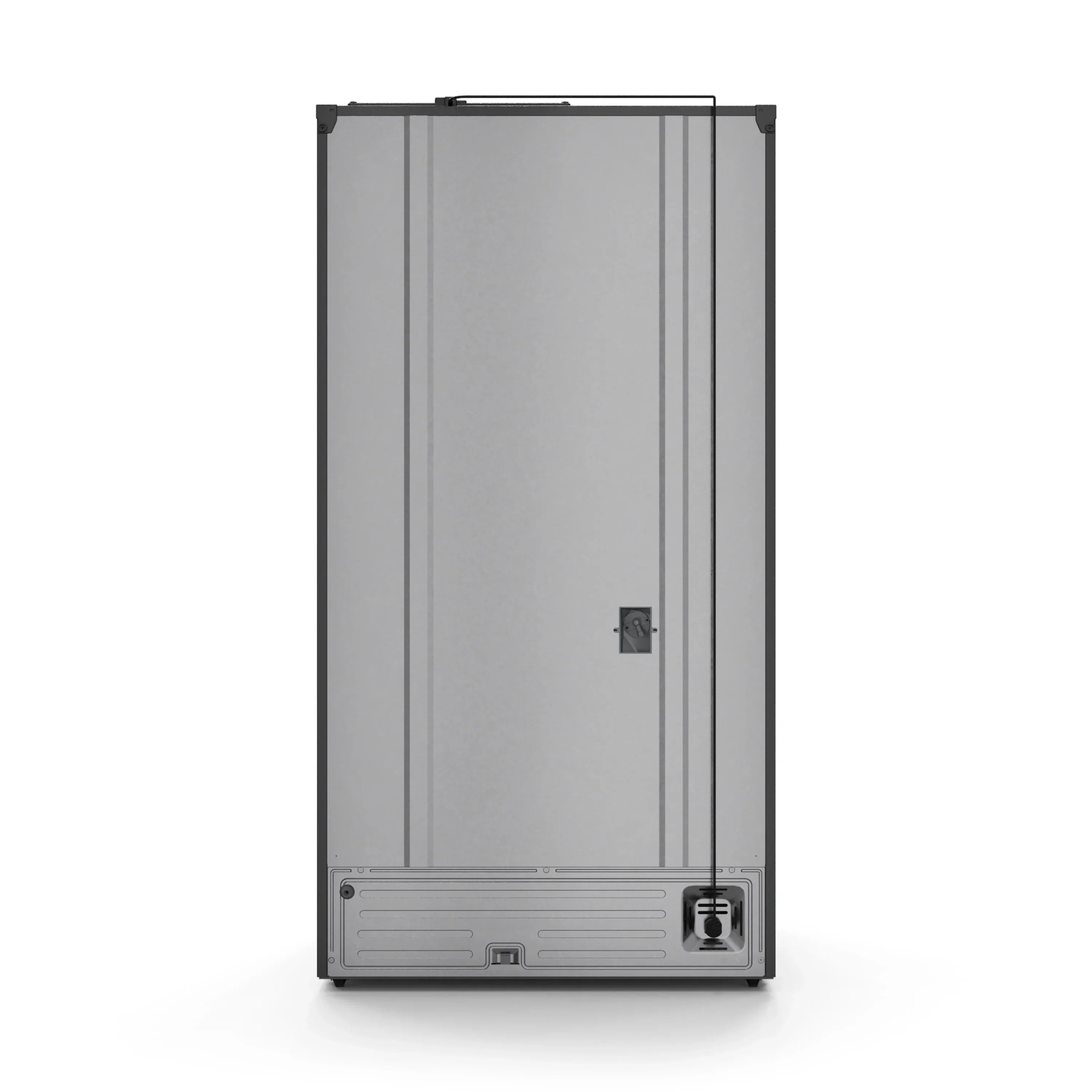 Stainless and black refrigerator door with handle and control panel on the right