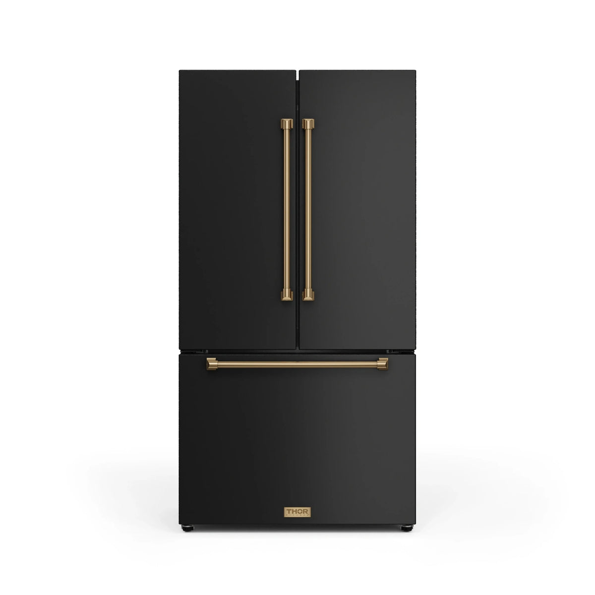 Counter-depth black refrigerator with bronze vertical handles and bottom freezer door