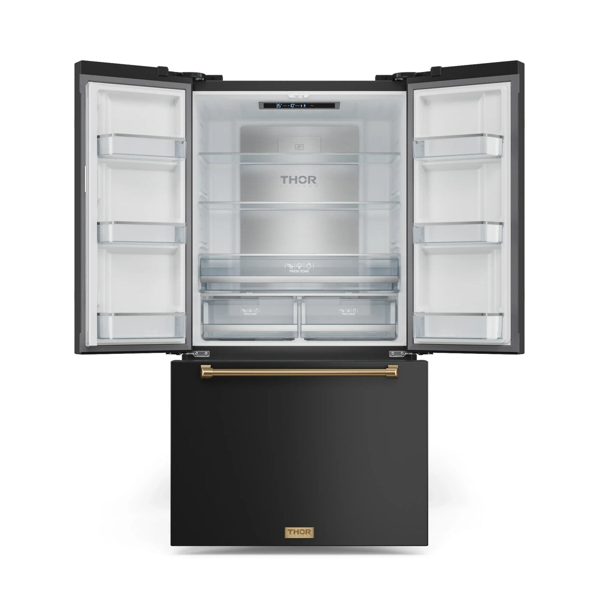 Black refrigerator with bronze handle and open doors showing interior shelves and bins