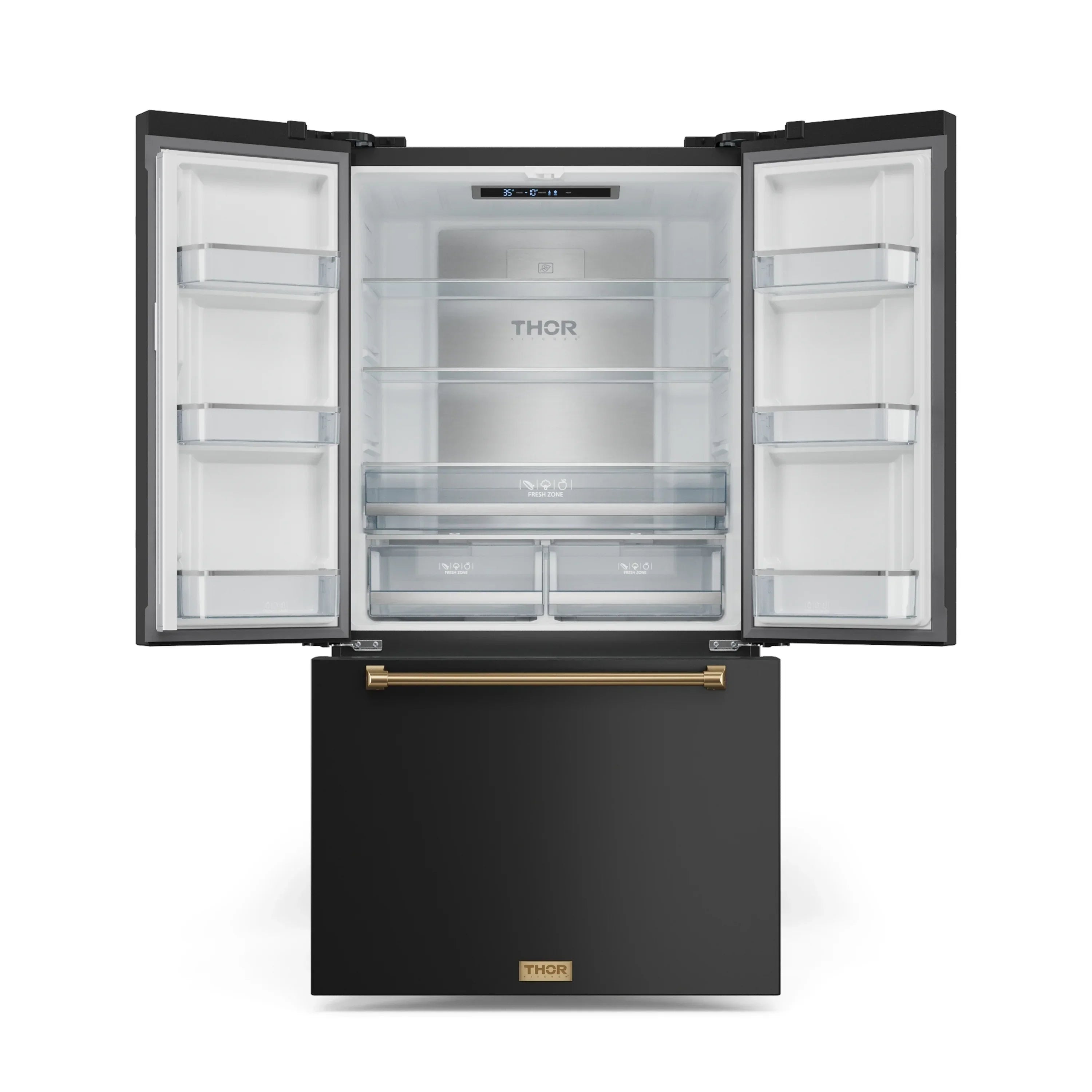 Black French door refrigerator with doors open, white interior shelves, and bottom freezer