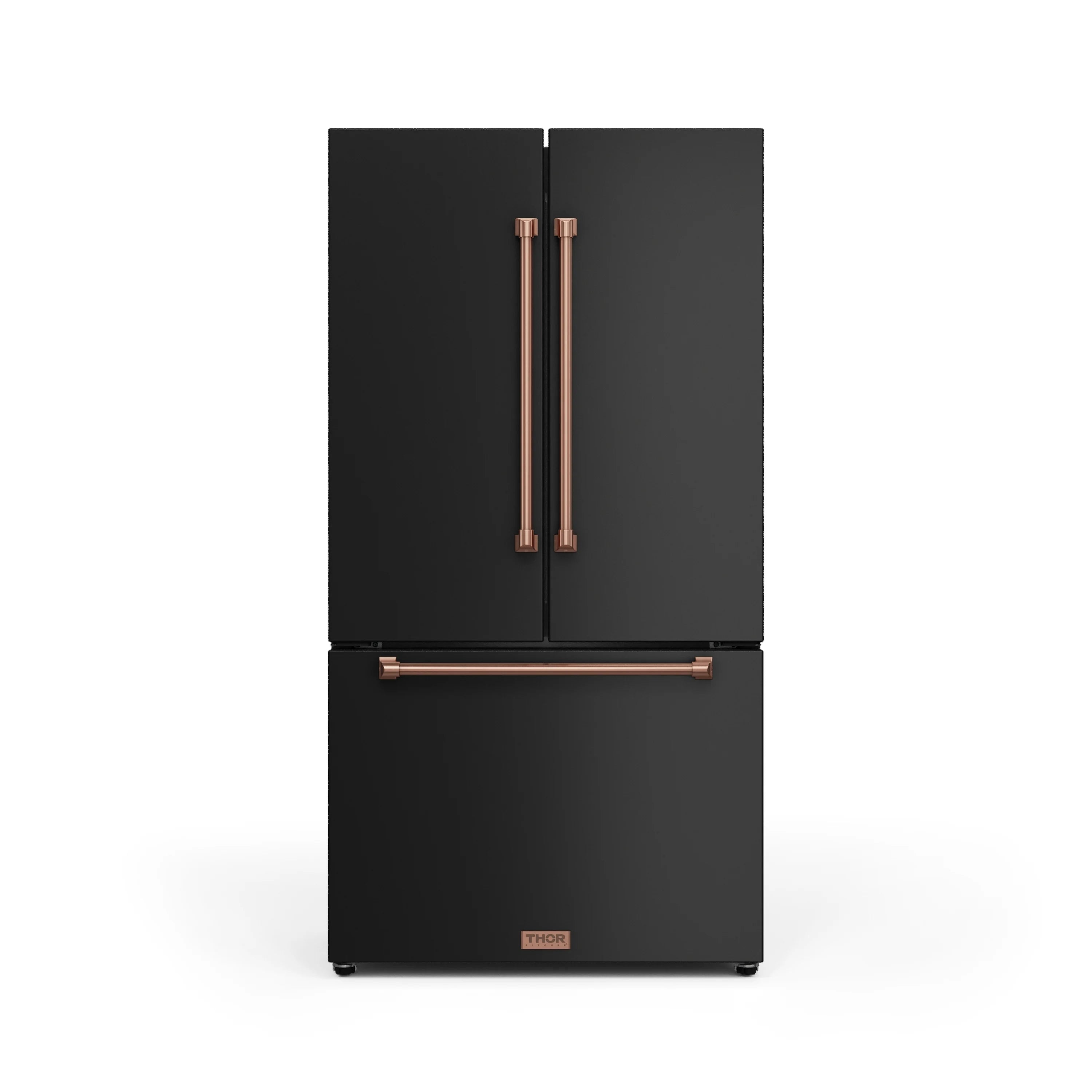 Black French-door refrigerator with rose-gold vertical handles and front ice maker drawer