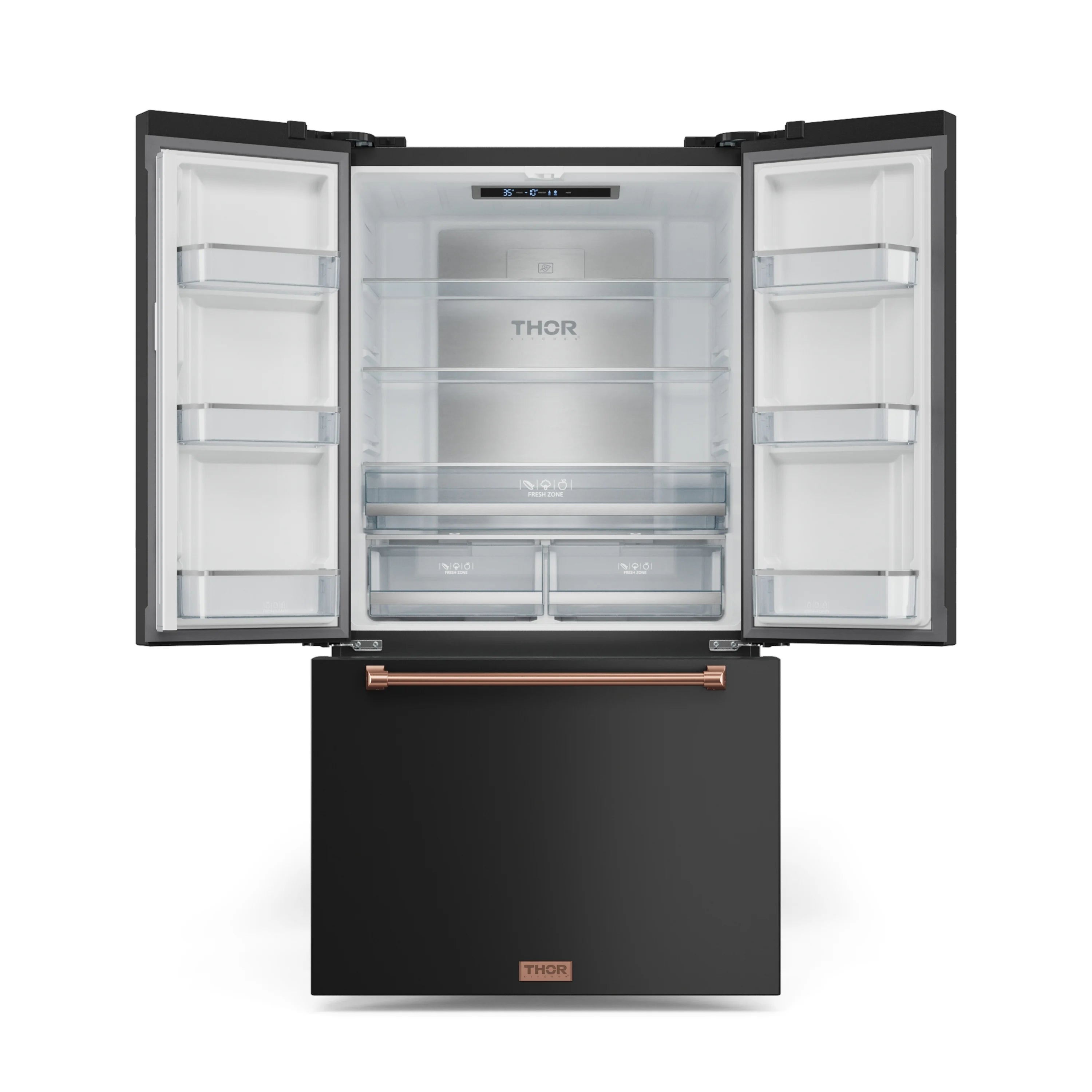 Black French-door refrigerator with rose-gold trim and ice maker, doors open
