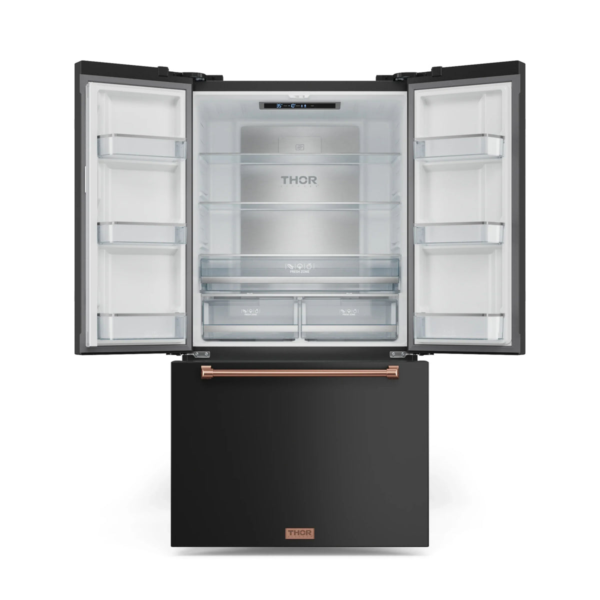 Black refrigerator with doors open, internal shelves, and rose gold dispenser bar