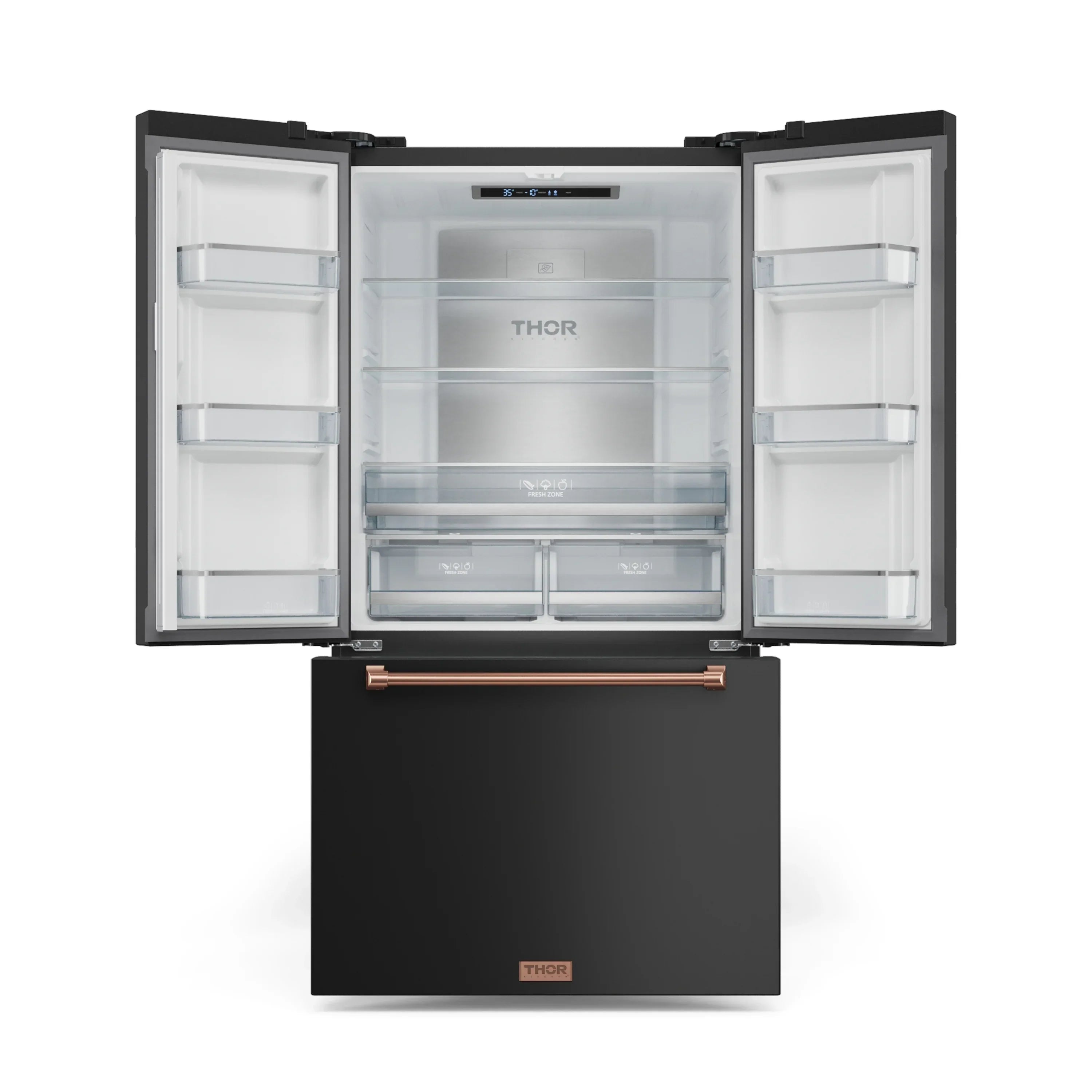 Gordon Ramsay by Thor Kitchen black French door refrigerator with open doors and glass shelves
