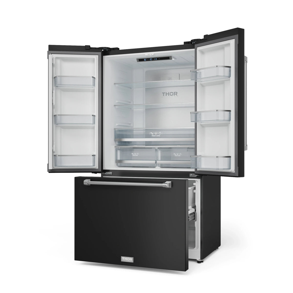 Black refrigerator with double doors open and freezer drawer extended