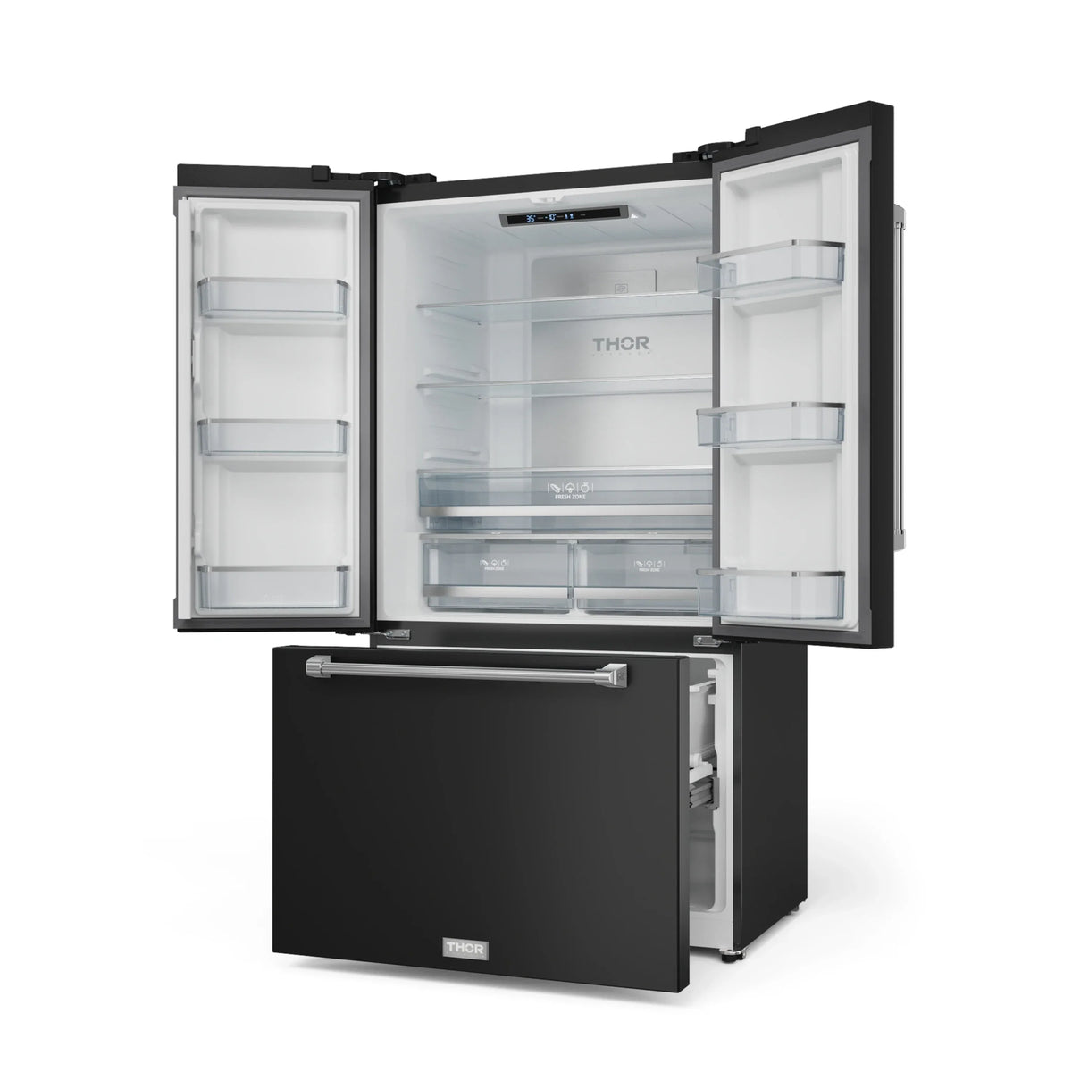 Black refrigerator with open doors and freezer drawer, showing interior compartments