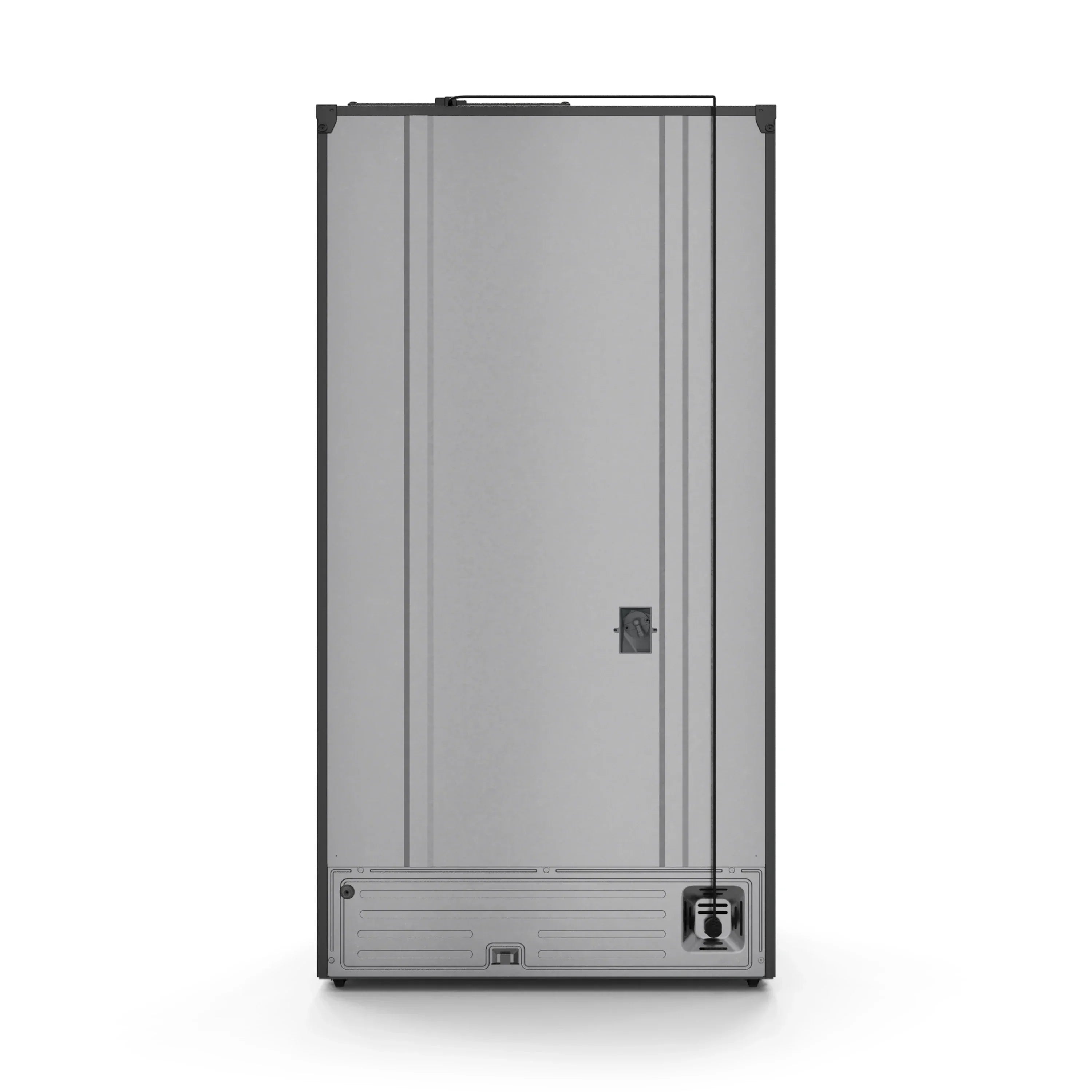 Black refrigerator side view with door panel and lower access grille