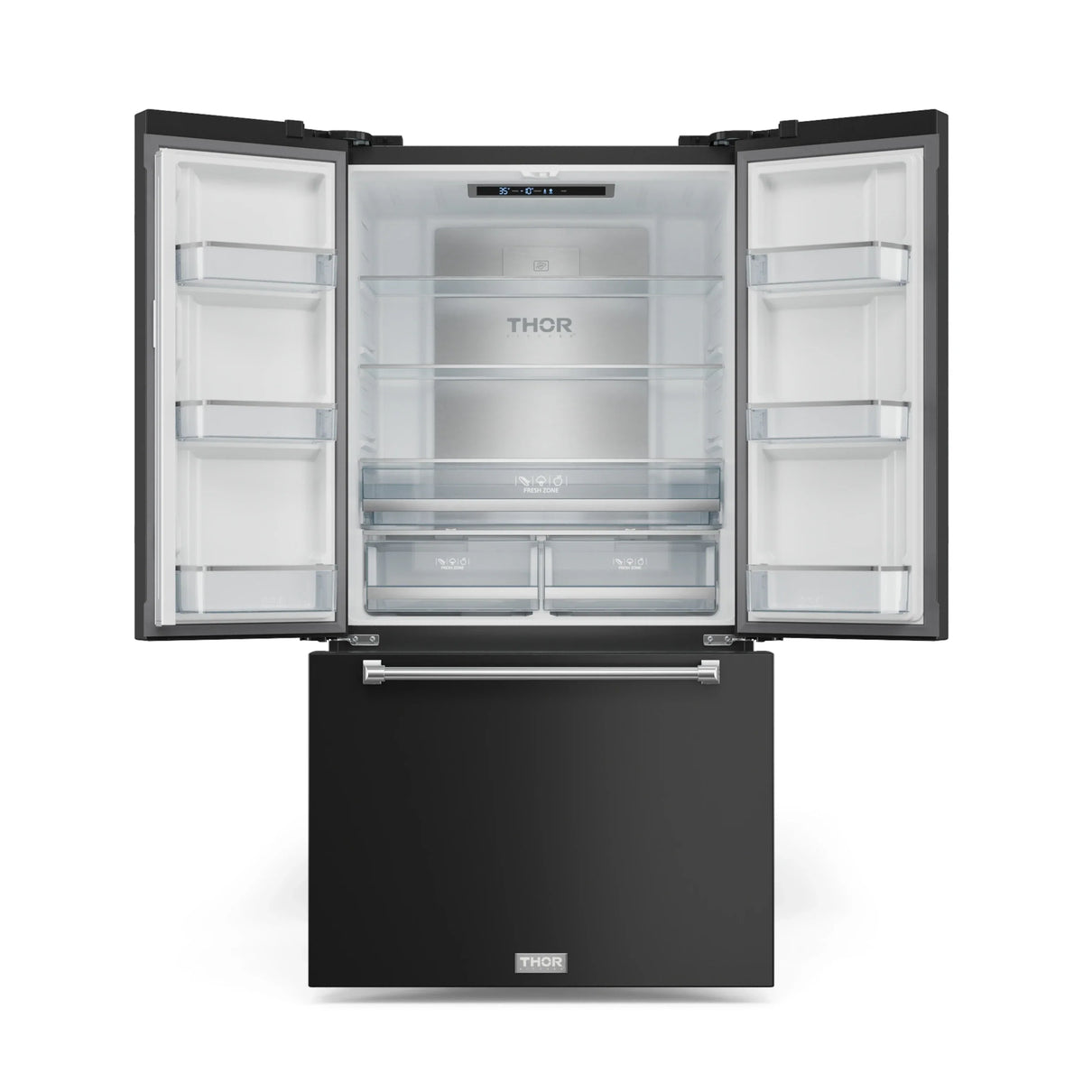 Black refrigerator with both doors open showing clear glass shelves and bins