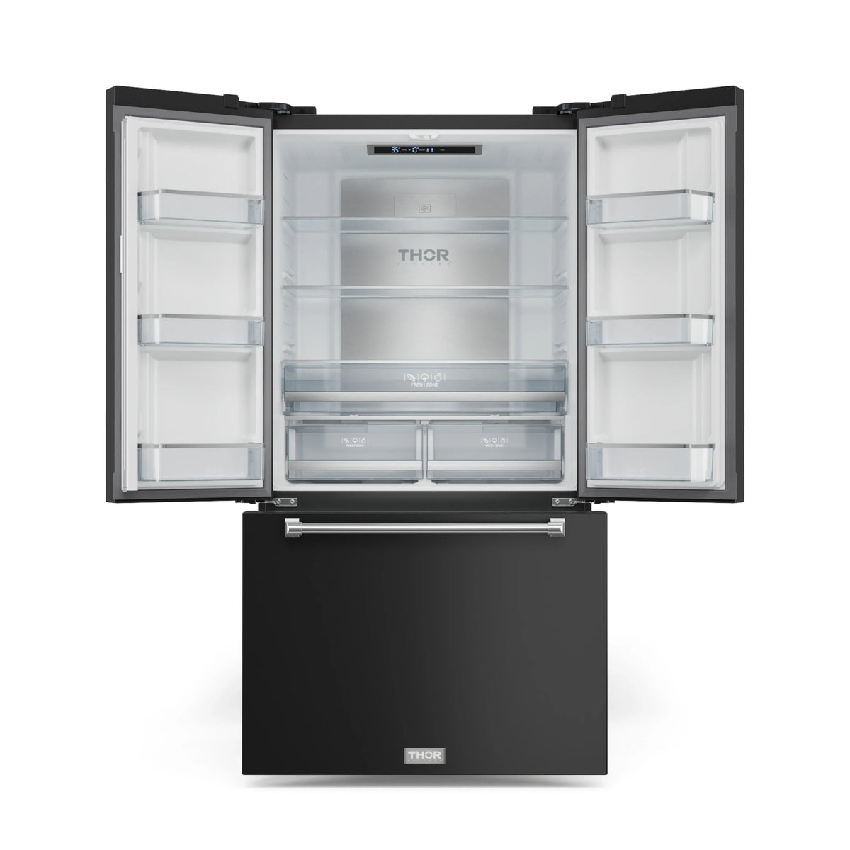 Open black French-door refrigerator with white interior shelves and glass Fresh Zone