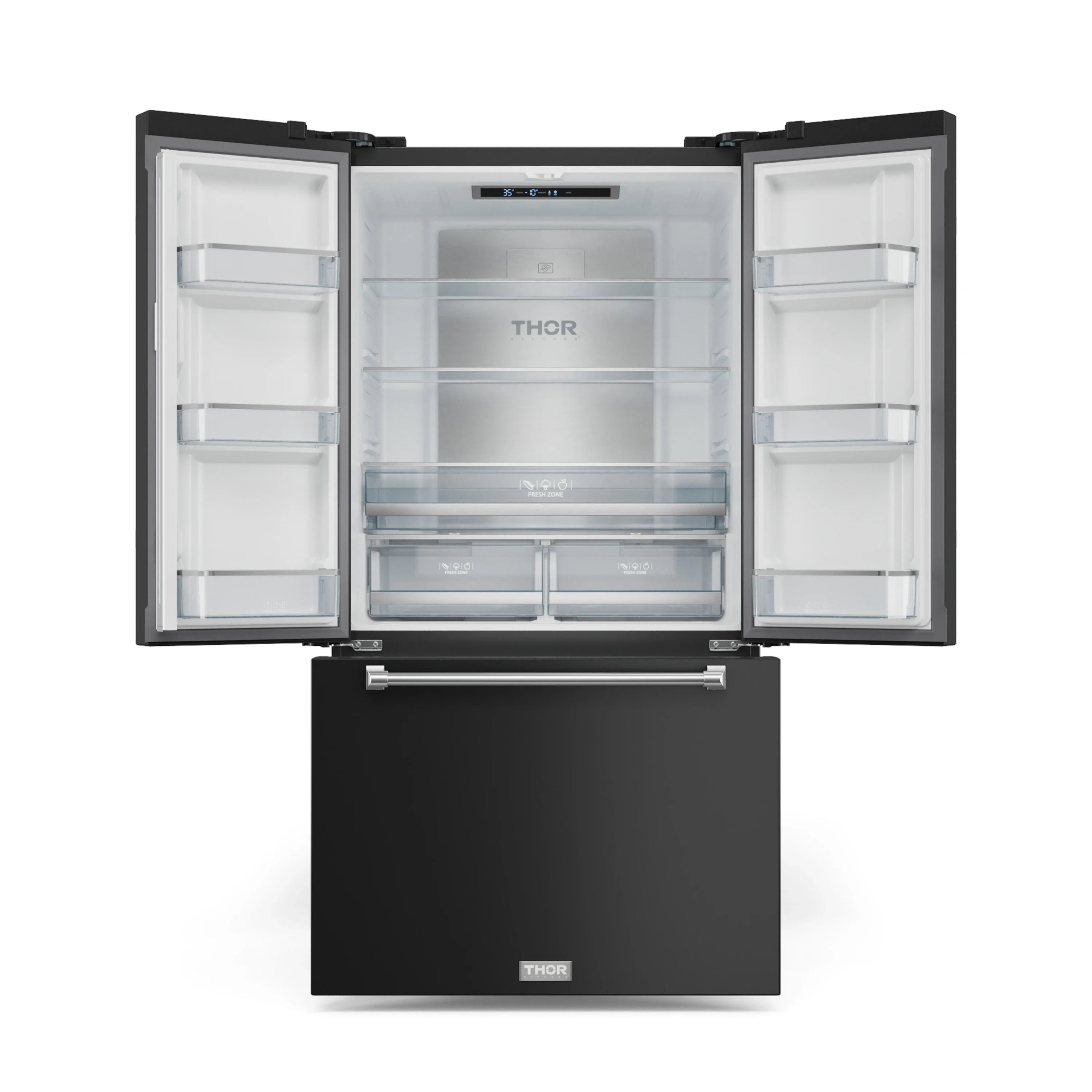 Black 36-inch refrigerator with open doors and adjustable glass shelving