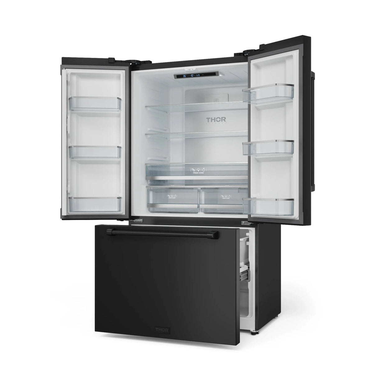 Black refrigerator with open doors and lower freezer drawer, side view