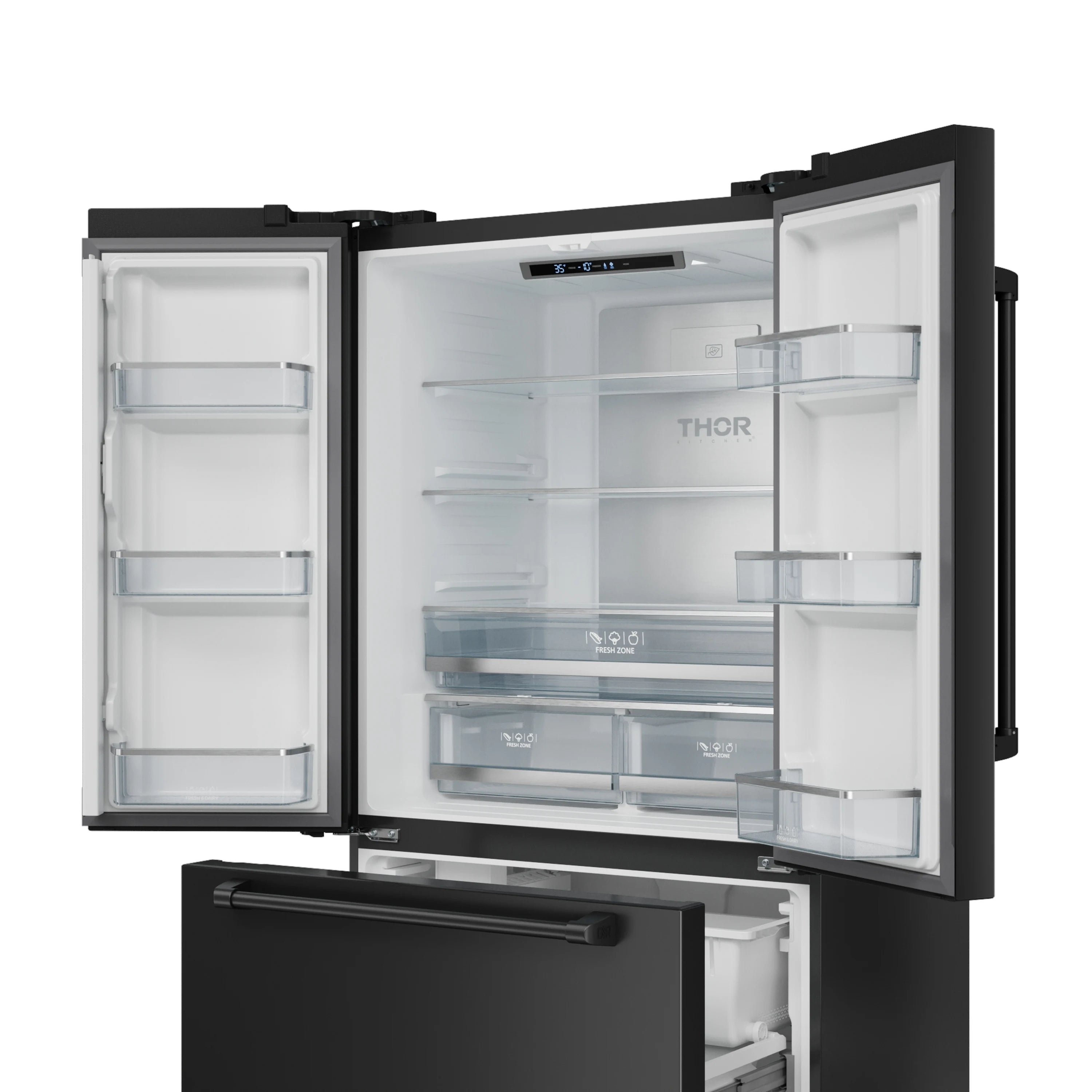 Black French door refrigerator with bottom freezer; open doors show interior shelves and crisper
