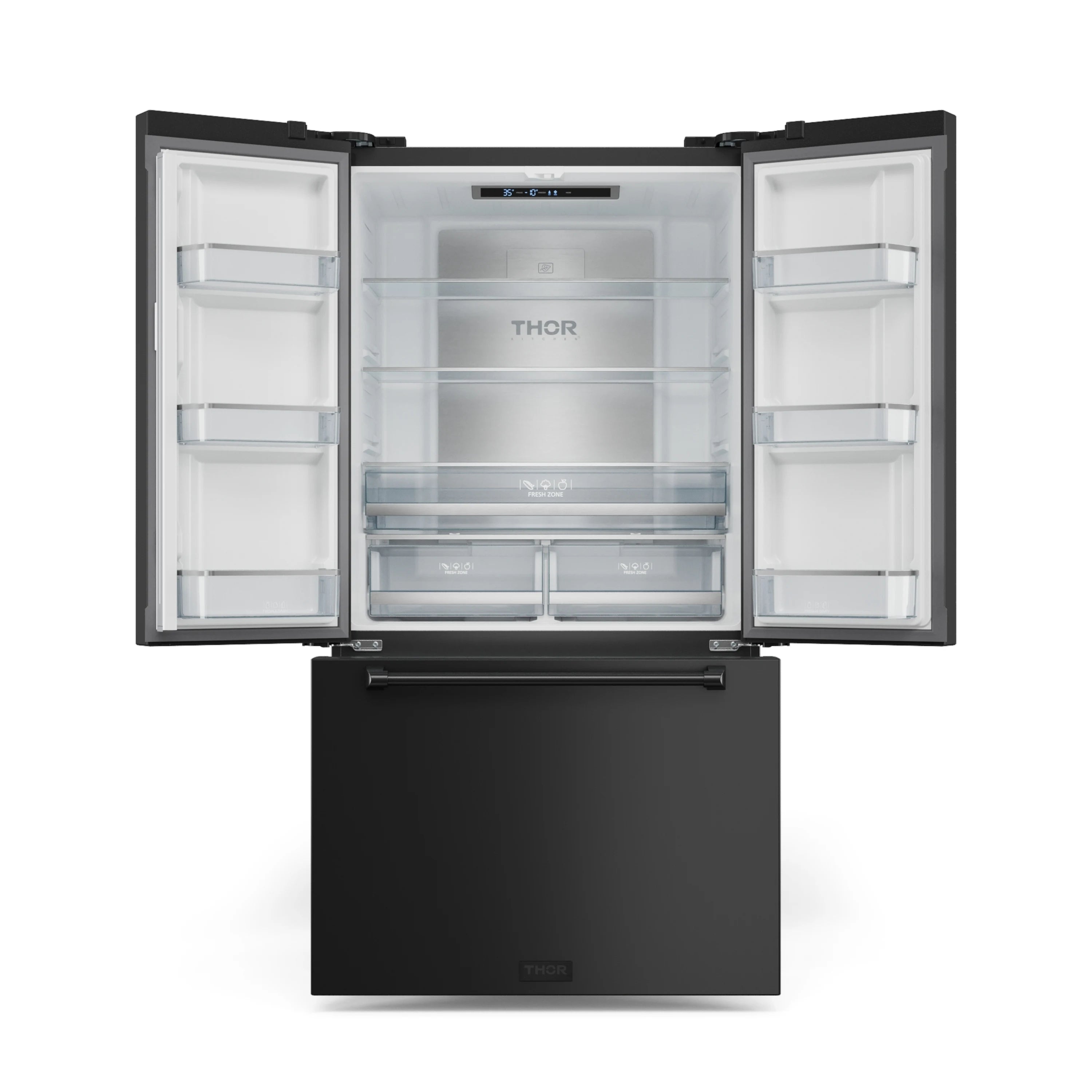 Black French door refrigerator with bottom freezer; open doors show central freezer air vents