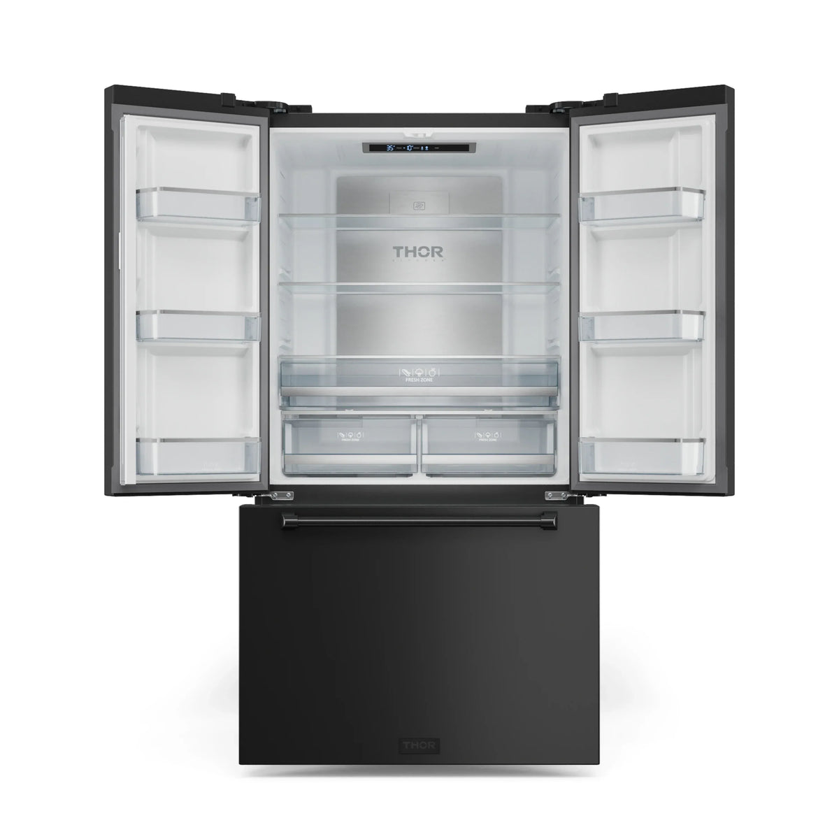 Black refrigerator with open doors, glass shelves, and center crisper area