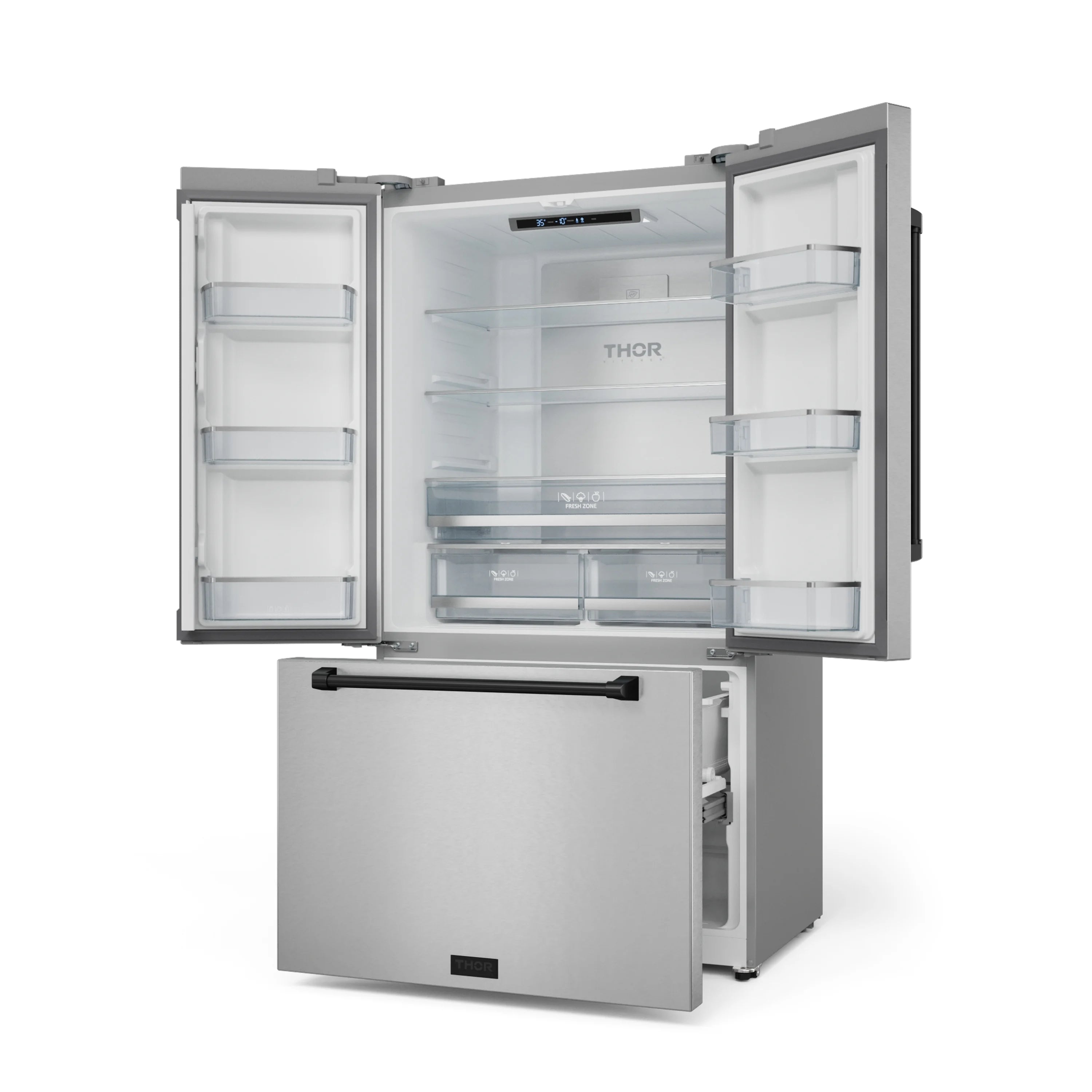 French door counter-depth refrigerator shown open with clear interior shelves and bins