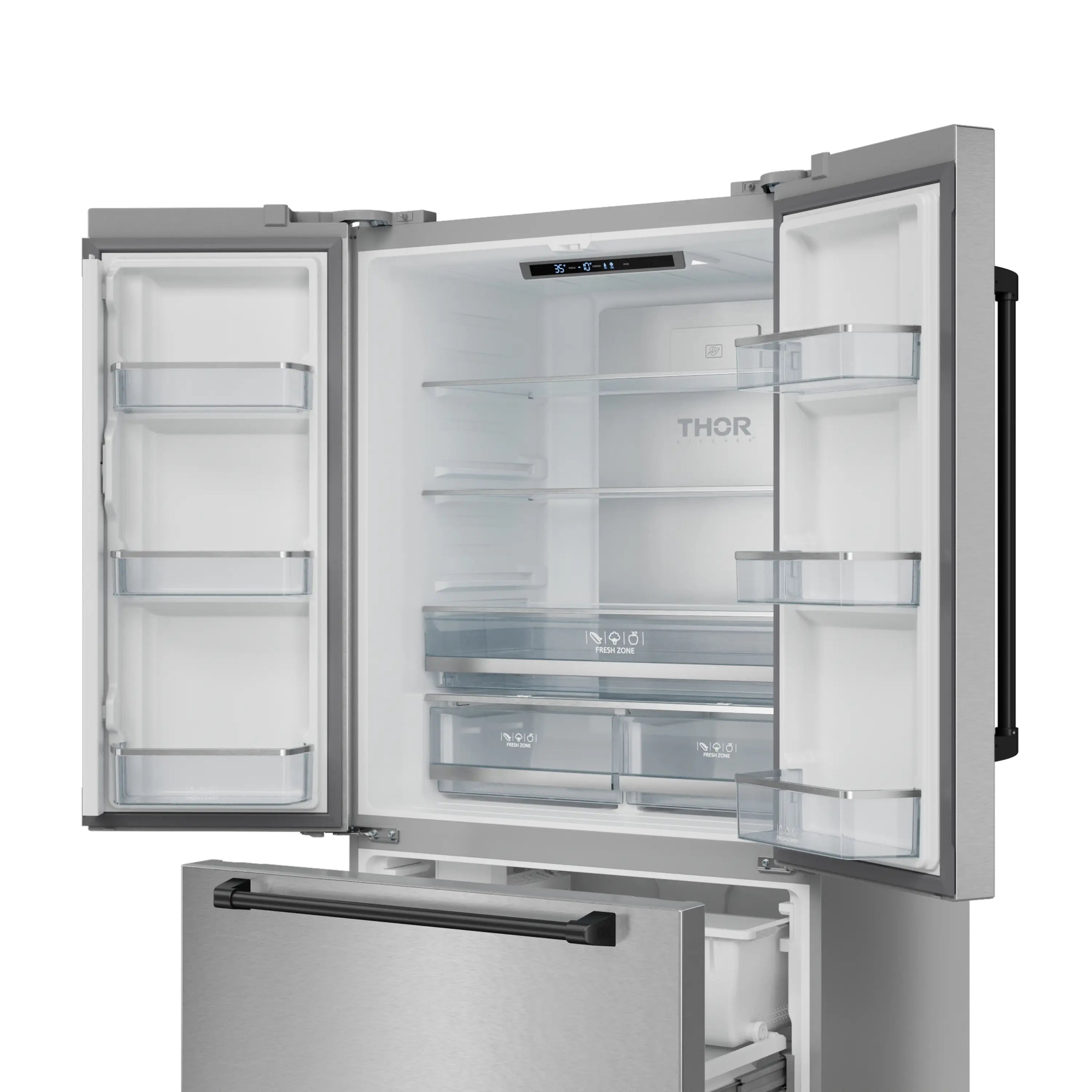 Stainless steel refrigerator open with interior shelves and door bins
