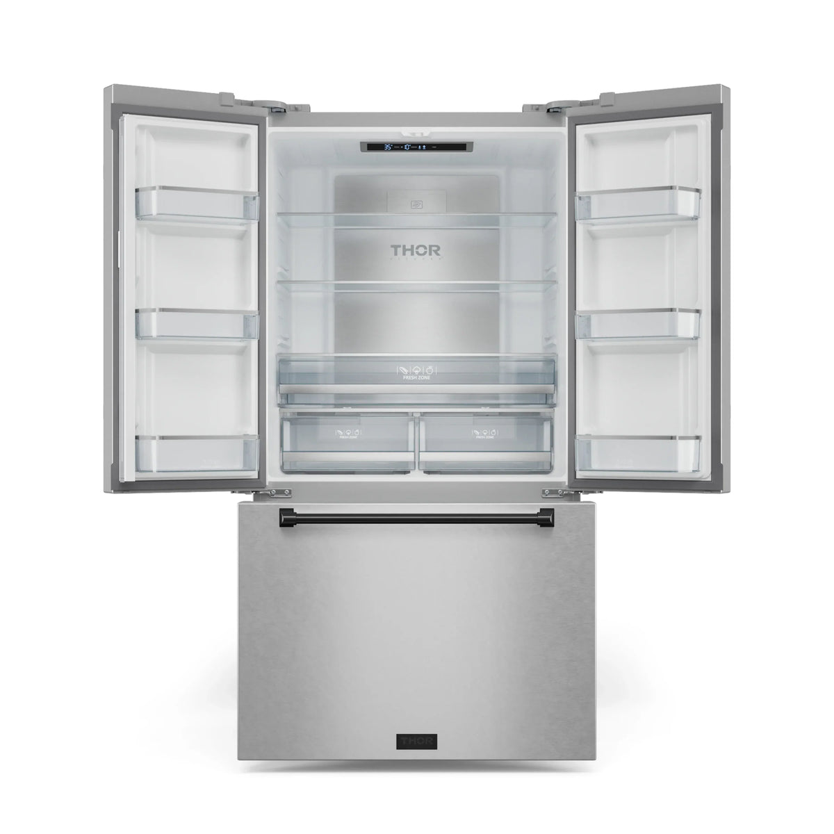 Stainless steel refrigerator with both doors open and interior shelves