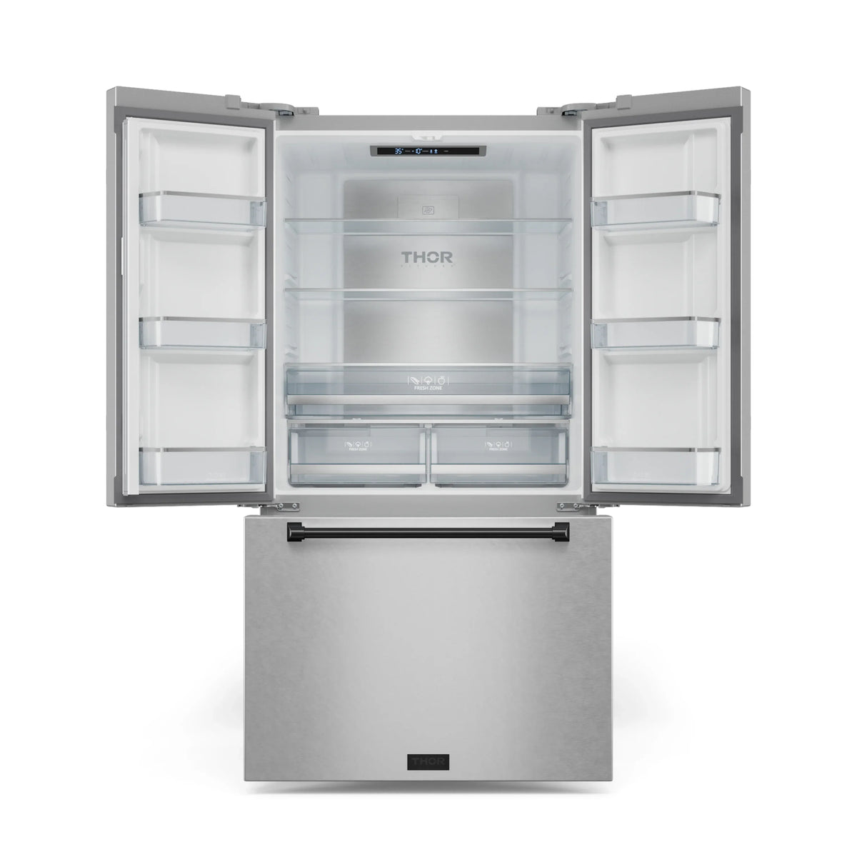 Stainless refrigerator with open doors, glass shelves, and crisper drawers
