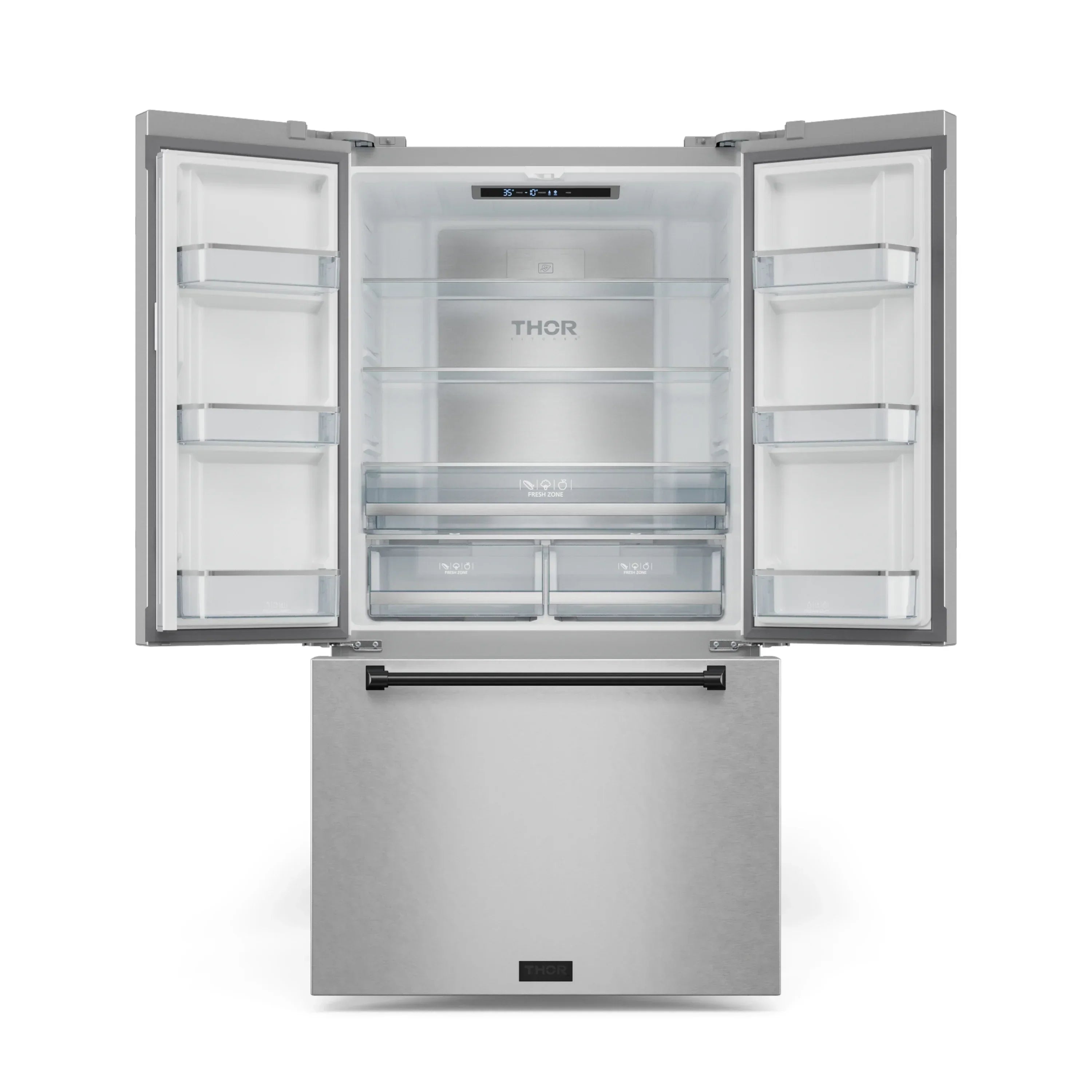 Stainless steel French door refrigerator with doors open showing interior shelves