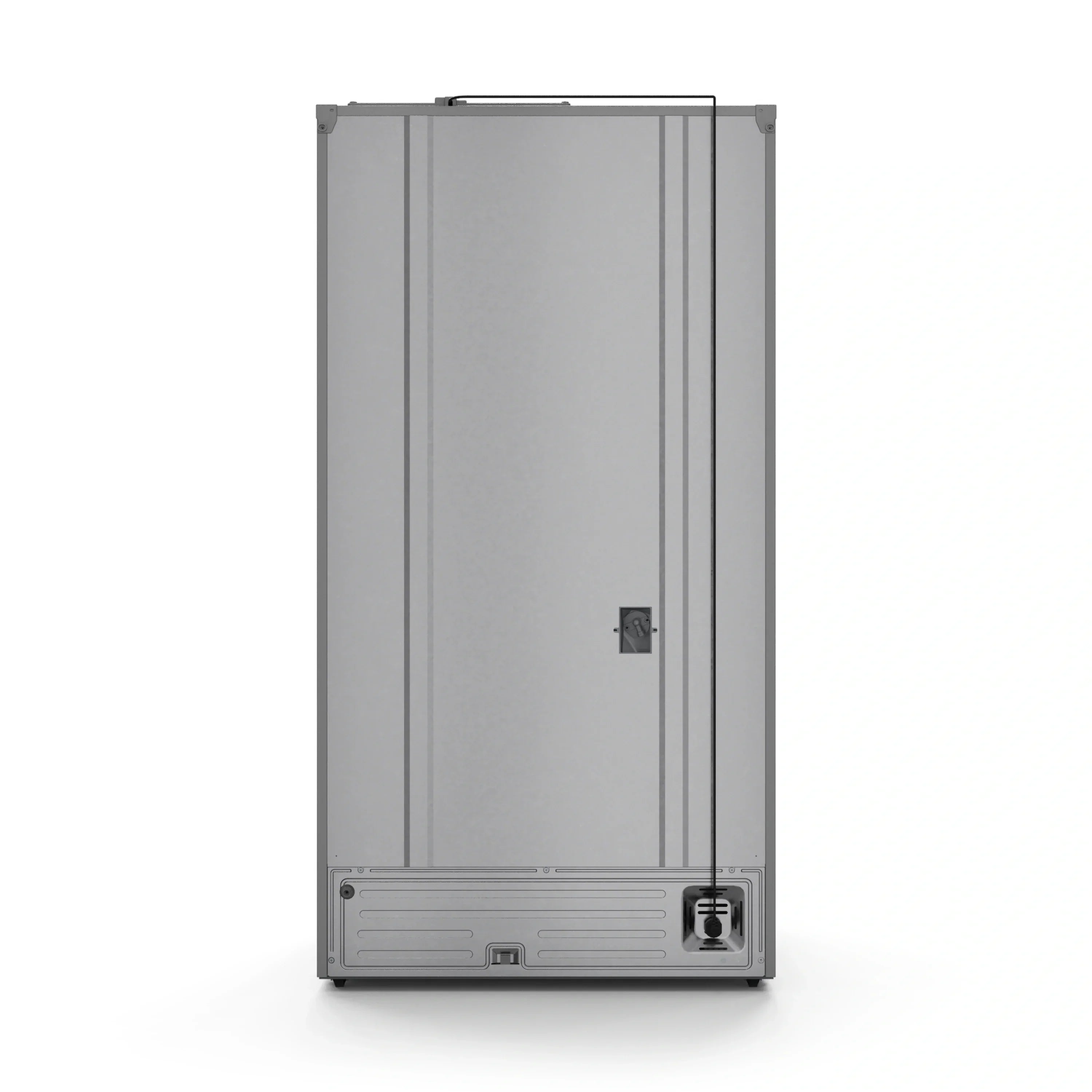 Stainless refrigerator exterior with side access panel and lower vent grille