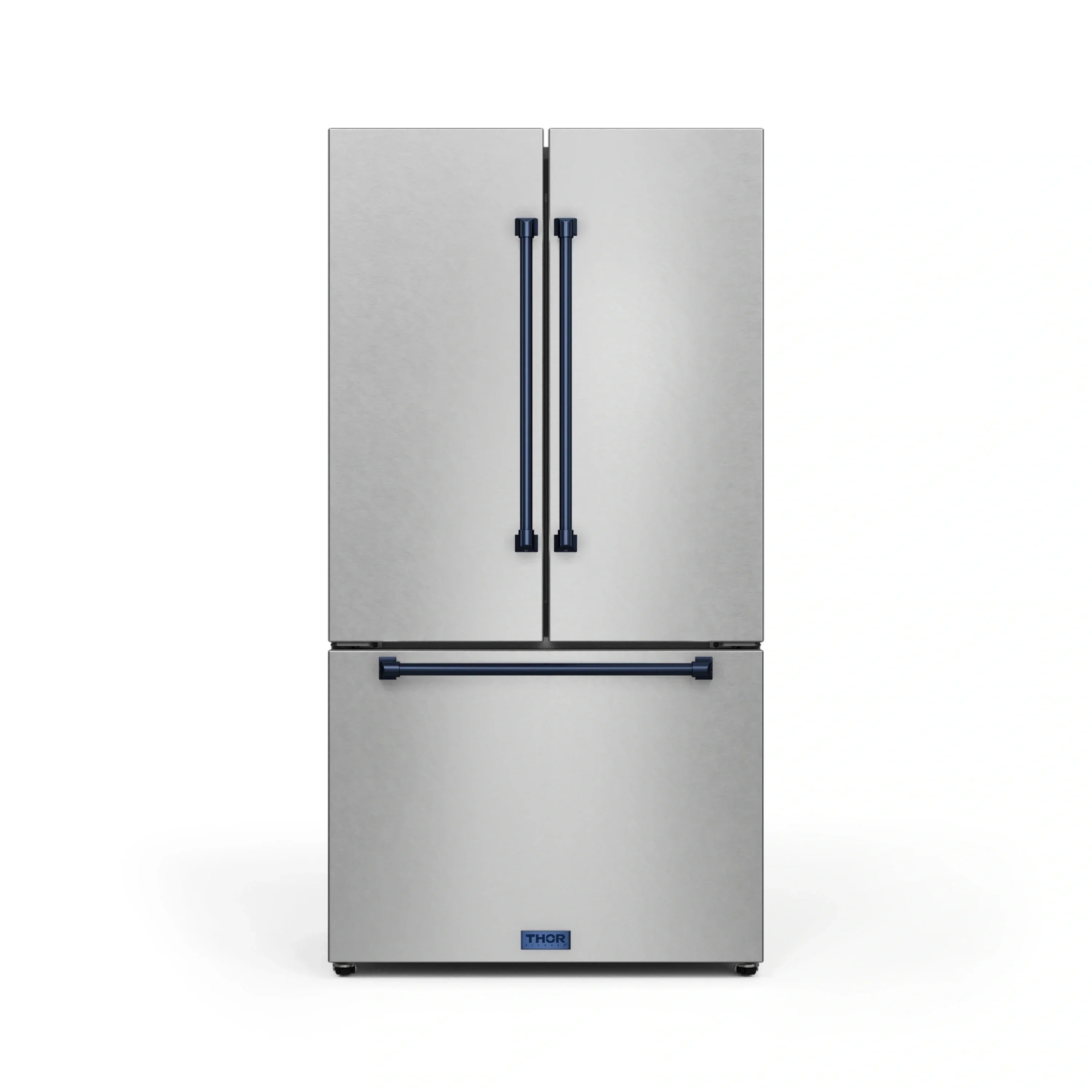 Stainless steel French door refrigerator with blue handles and vertical bar dispenser