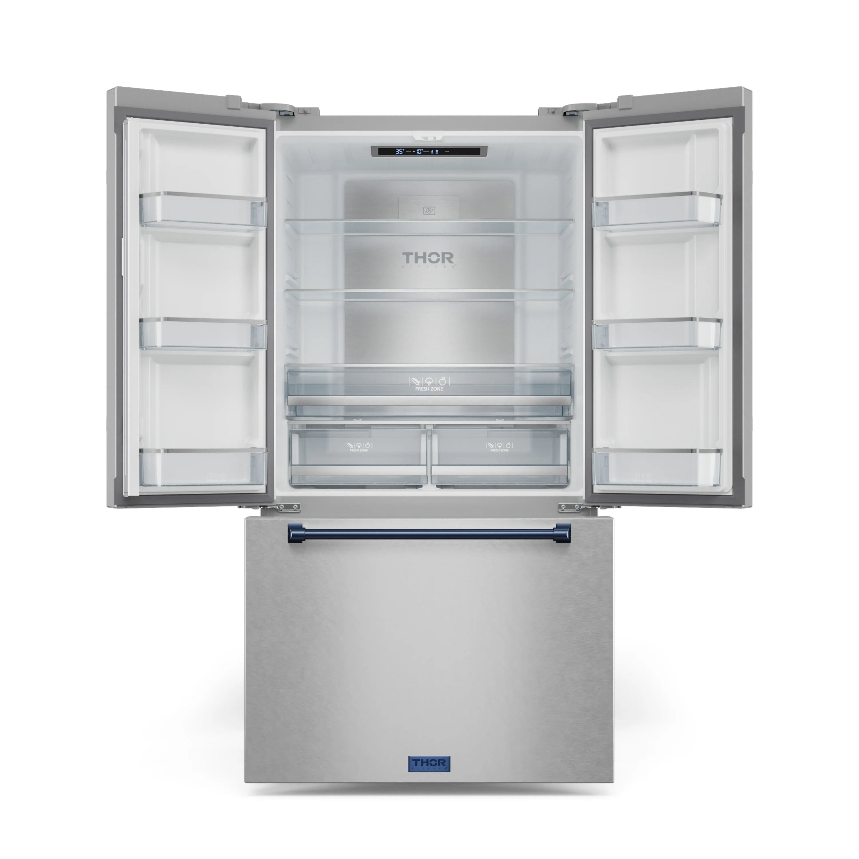 Open French door refrigerator with interior shelves and freezer drawer below