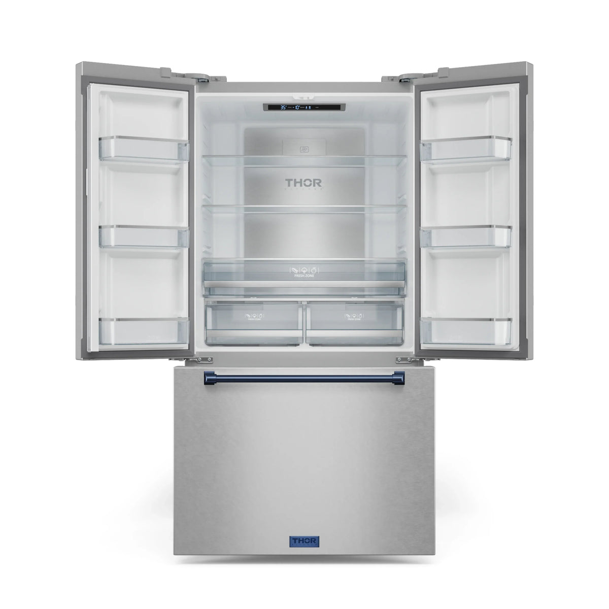 Stainless steel refrigerator with open double doors and adjustable interior shelves