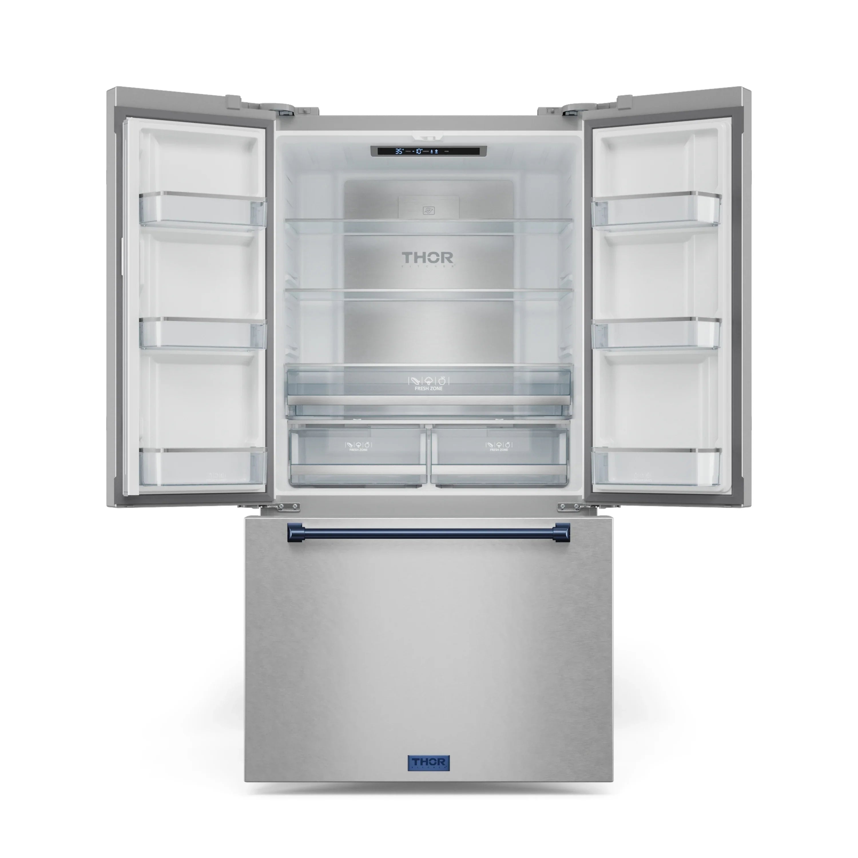 Stainless steel refrigerator with doors open, glass shelves, and interior bins