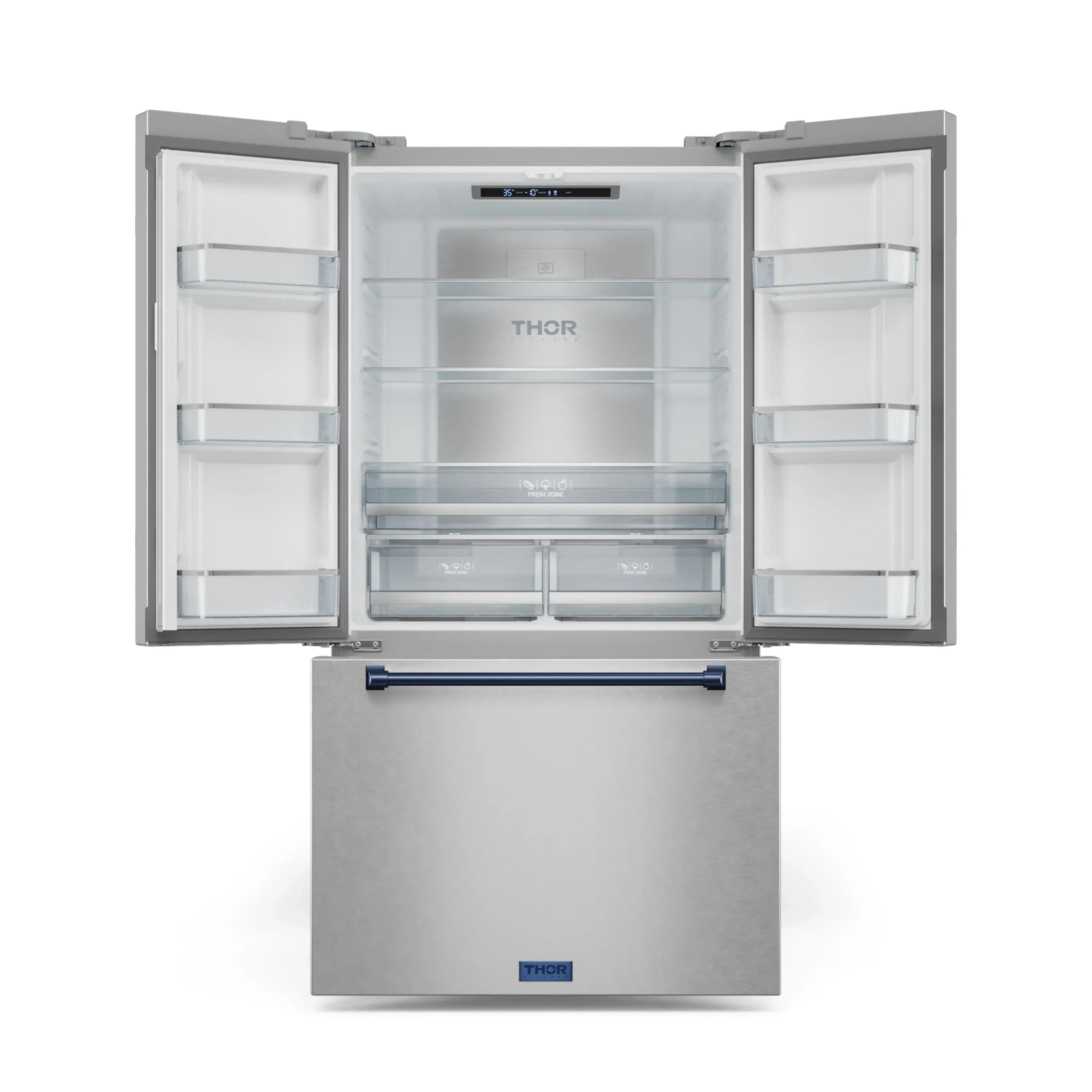 Stainless refrigerator with open doors showing glass shelves and storage bins