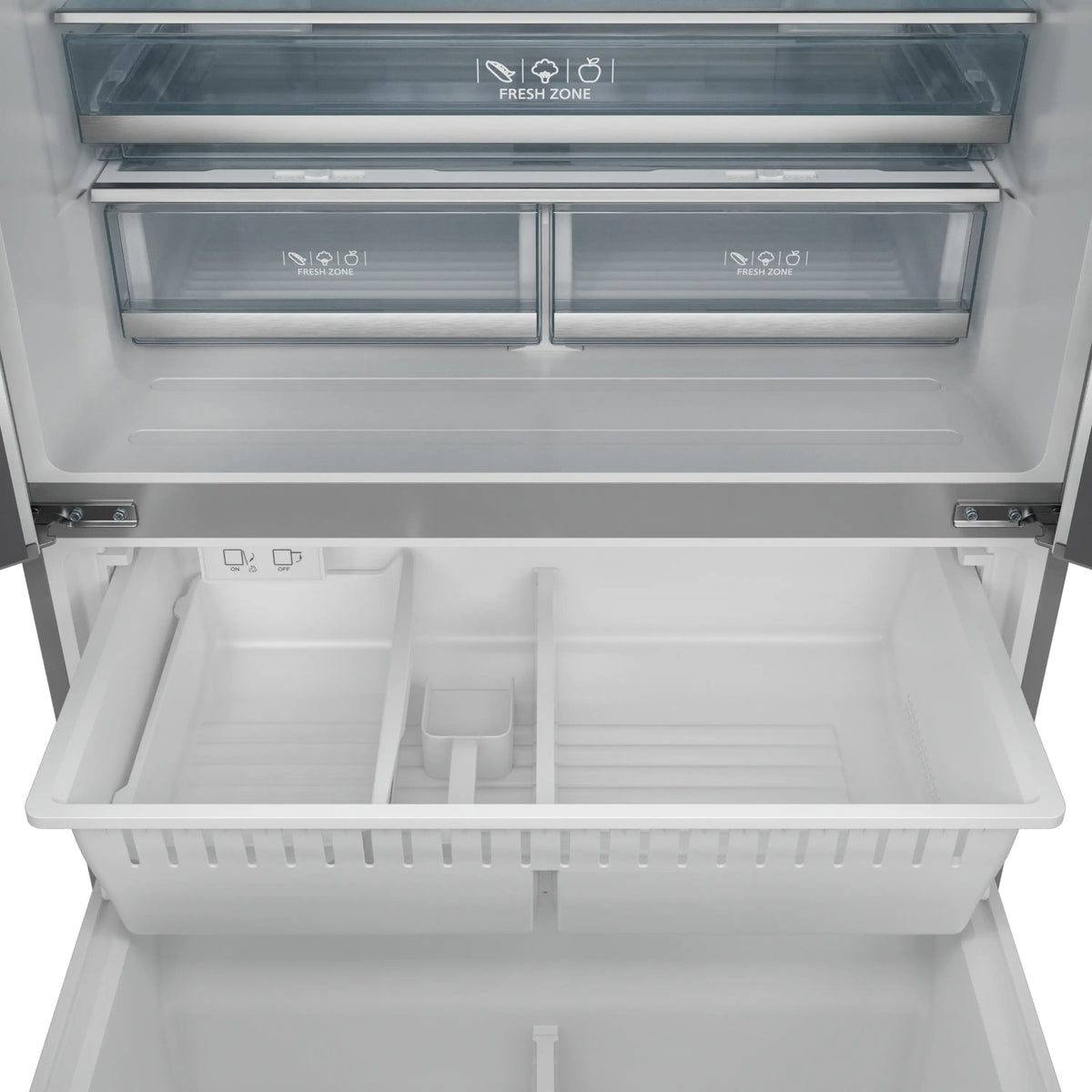 Freezer compartment with wire shelf racks and clear control indicators