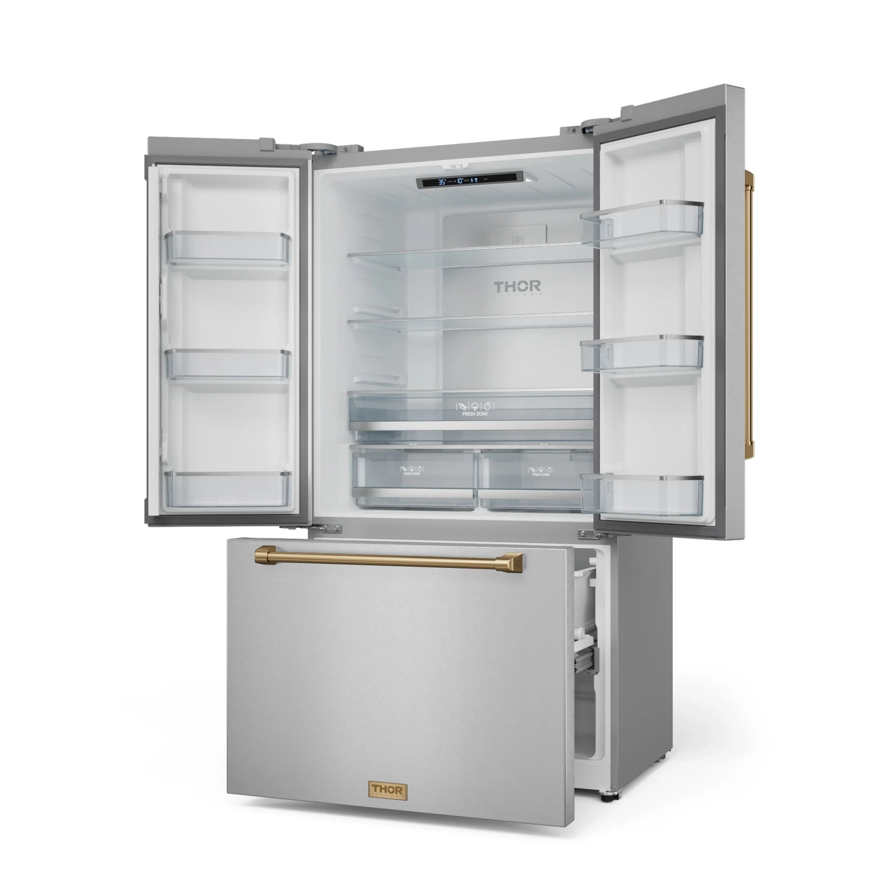 Refrigerator with both doors open showing glass shelves and clear interior bins