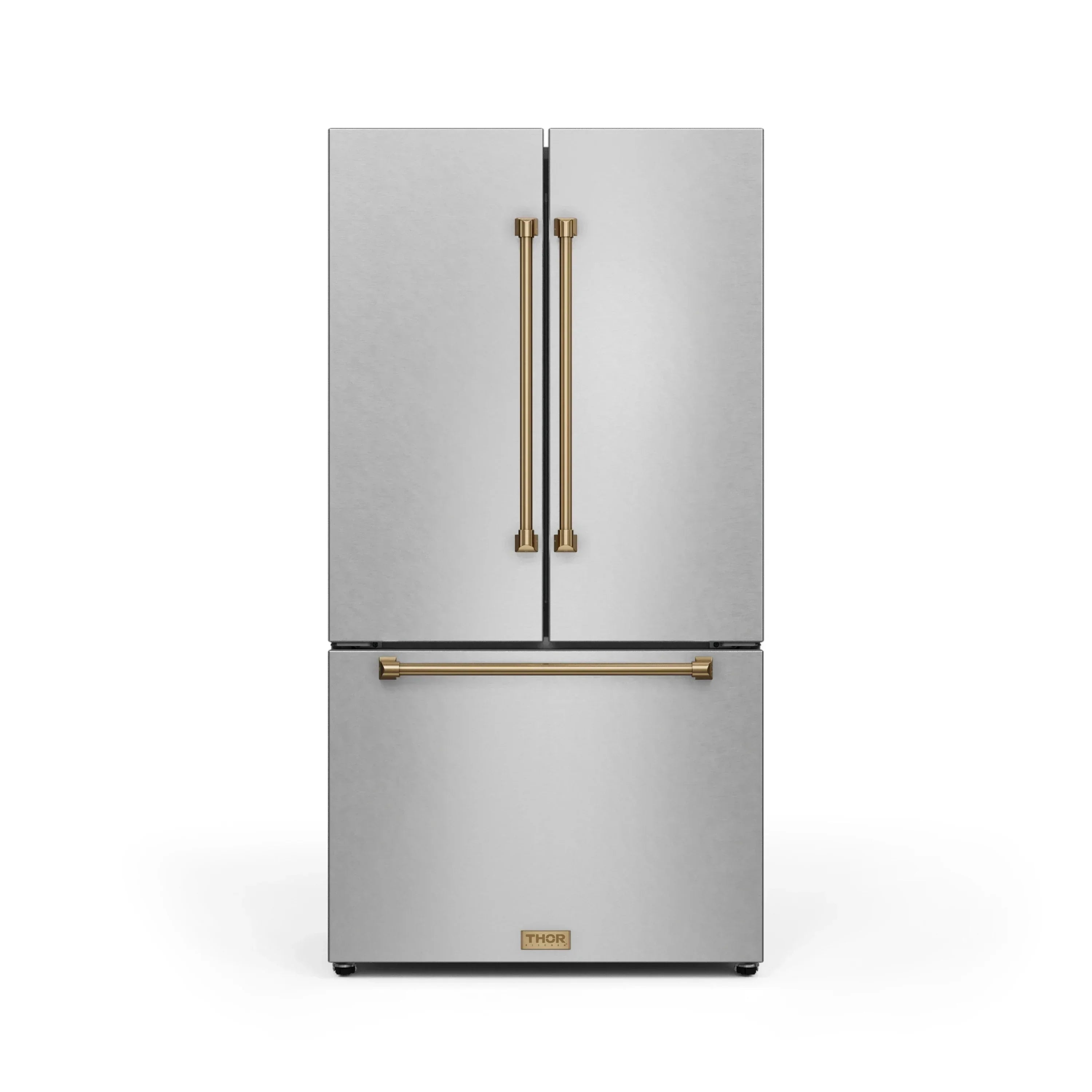 Stainless refrigerator with two doors and gold vertical handles
