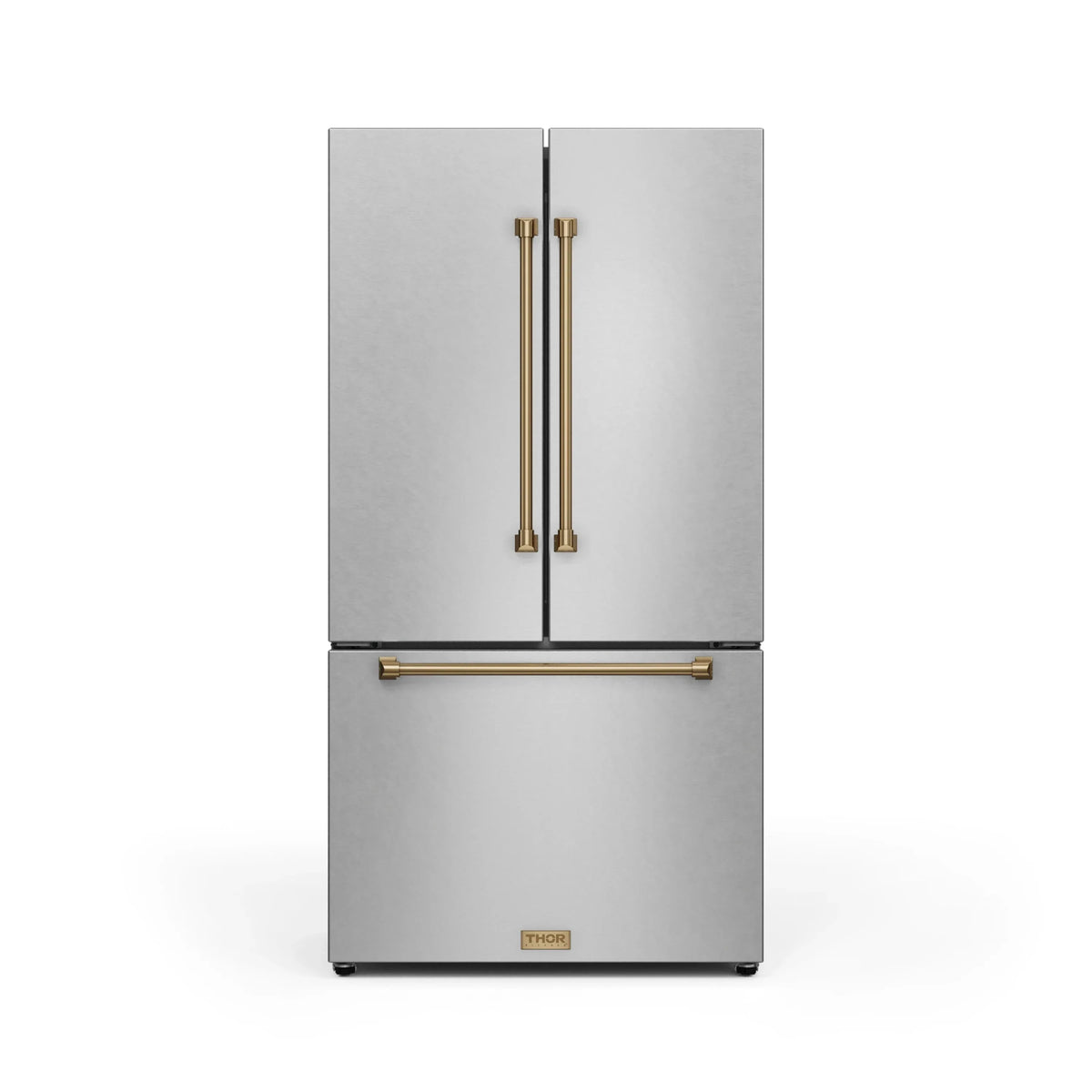 Stainless steel refrigerator with bronze handle and center split doors