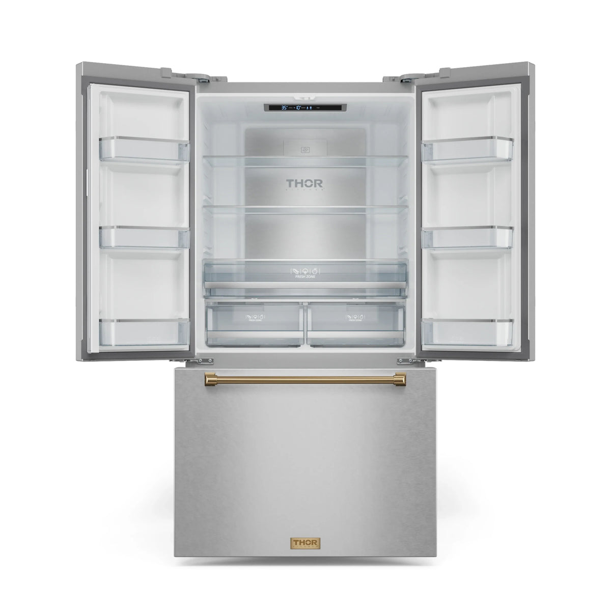 Stainless refrigerator with both doors open, showing glass shelves and interior bins