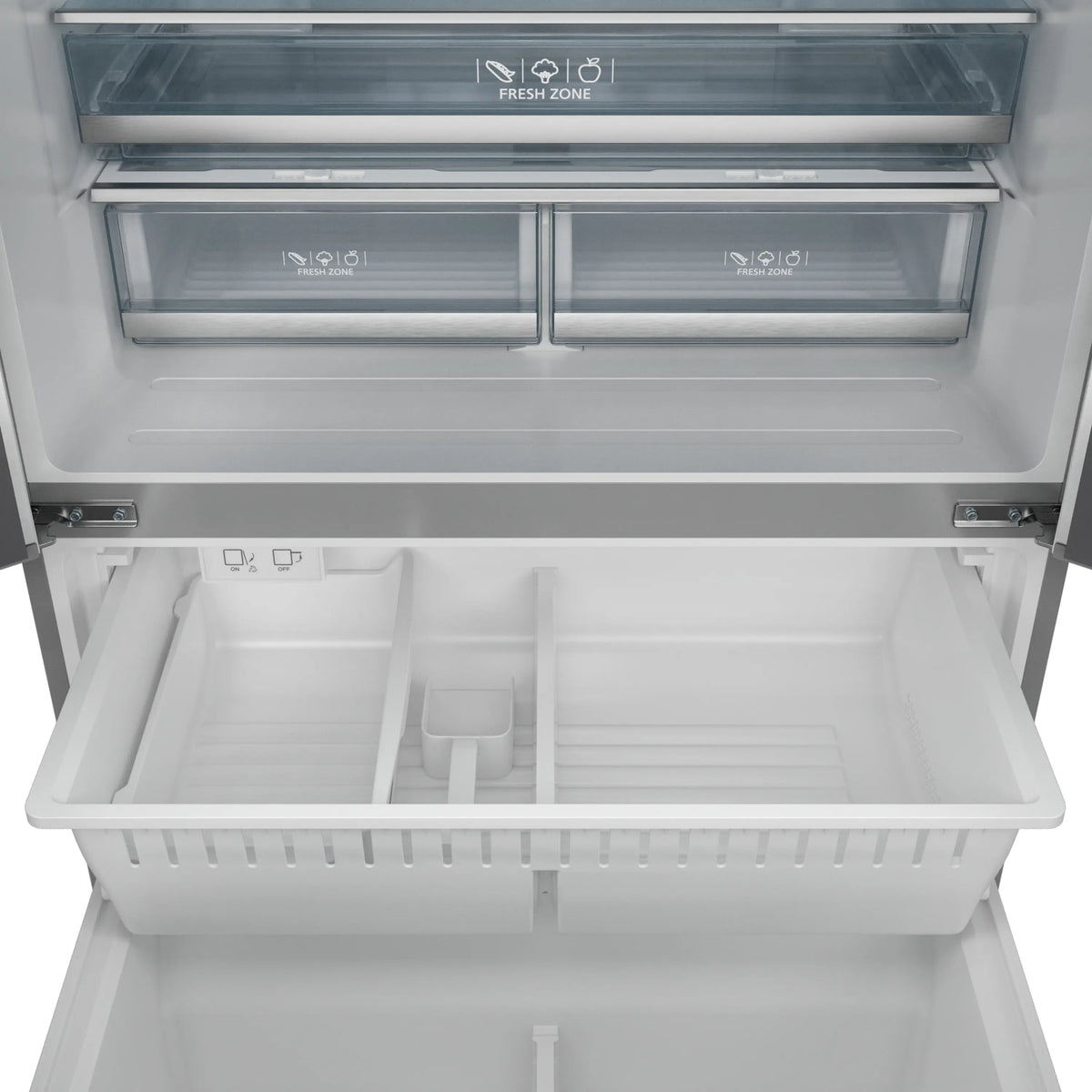 Counter-depth refrigerator interior with clear shelves and bottom drawers, door open