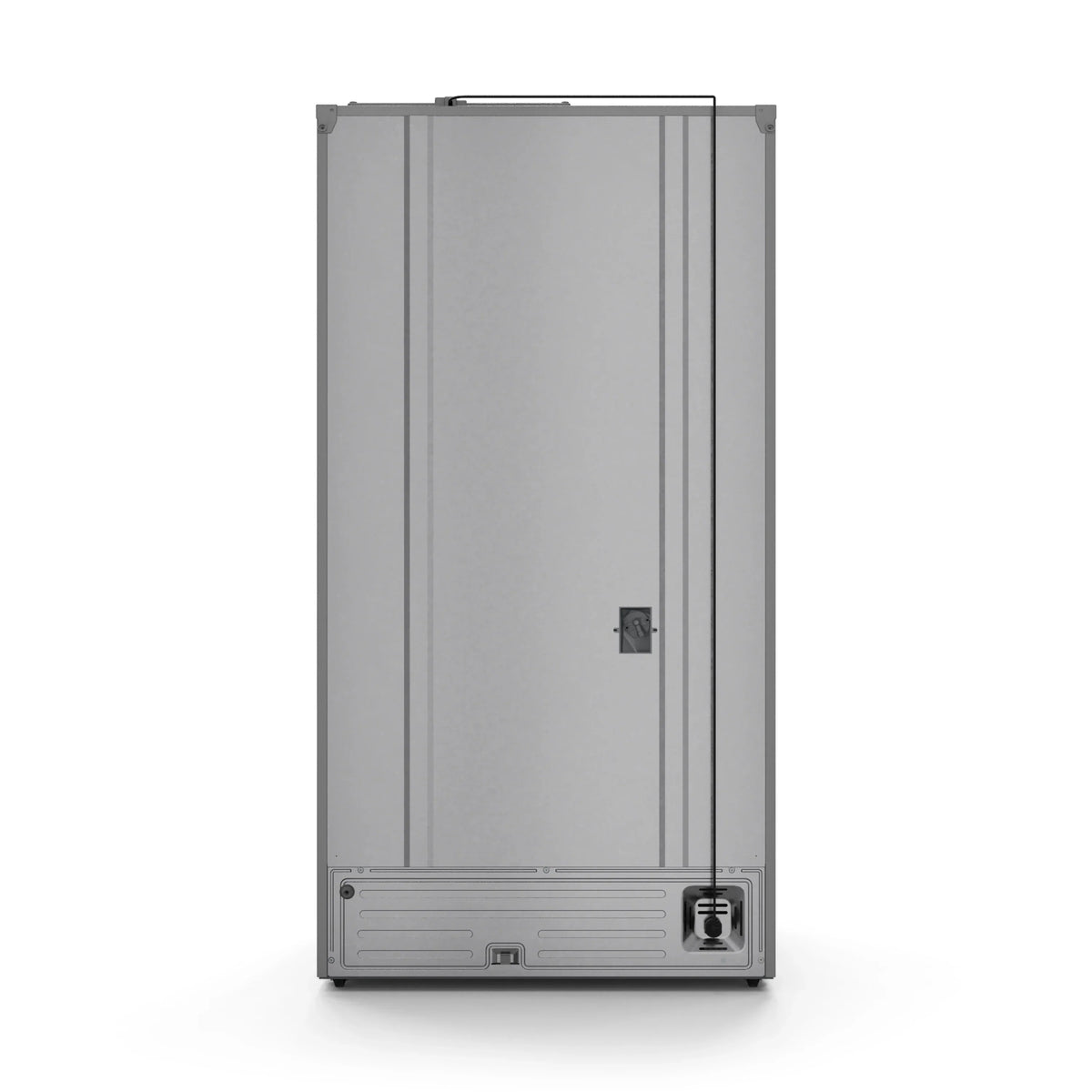 Stainless steel refrigerator cabinet with side panel and control area, rose-gold handle detail