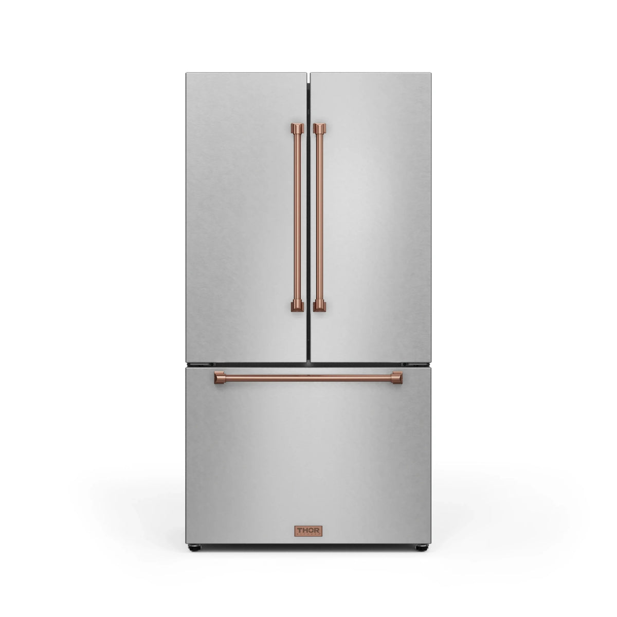 Counter-depth stainless steel refrigerator with rose gold vertical handles and lower door