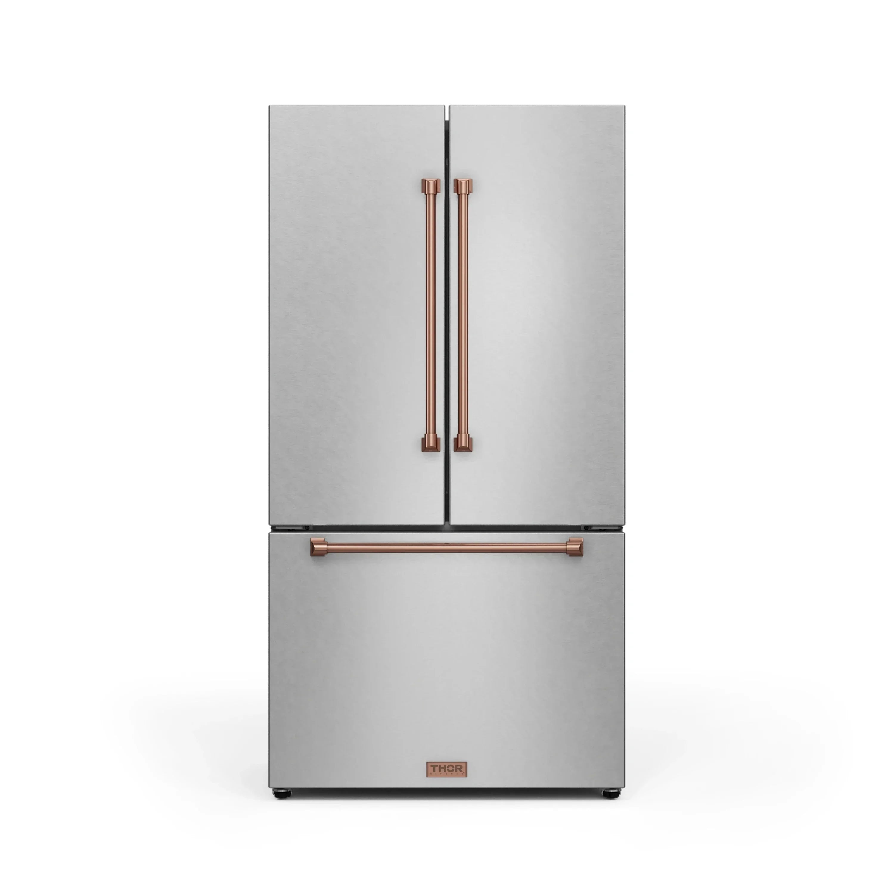Stainless refrigerator with twin copper handles, double-door front