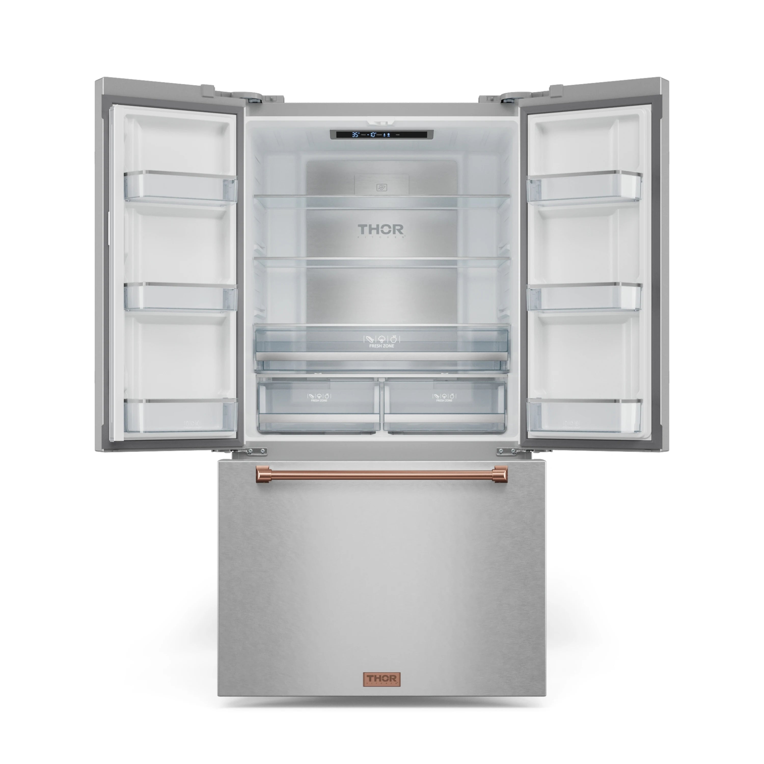French door refrigerator open with interior shelves and rose-gold bottom drawer handle