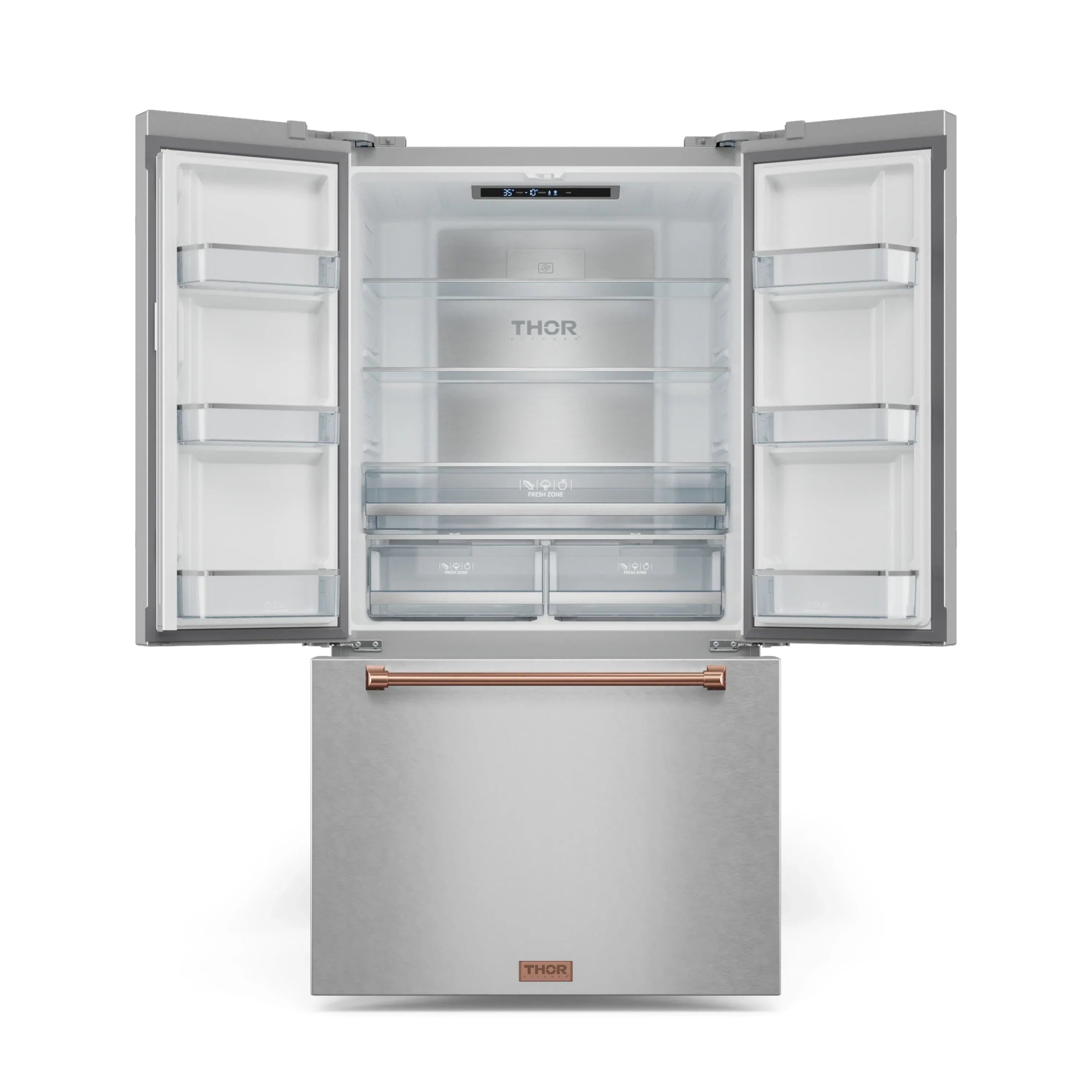 Stainless refrigerator with open doors showing shelves and bottom crisper drawers
