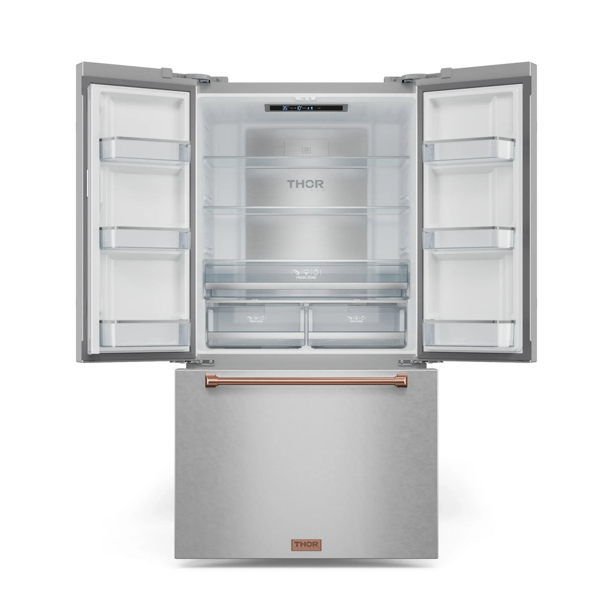 Stainless steel refrigerator with open doors, interior shelves, and crispers
