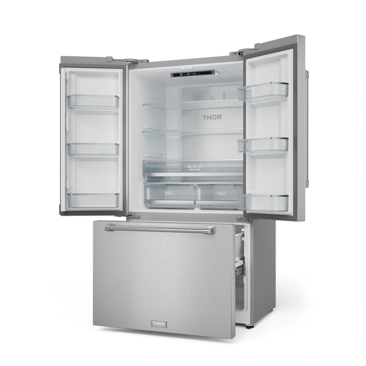 Stainless steel refrigerator interior with glass shelves and door-mounted bins