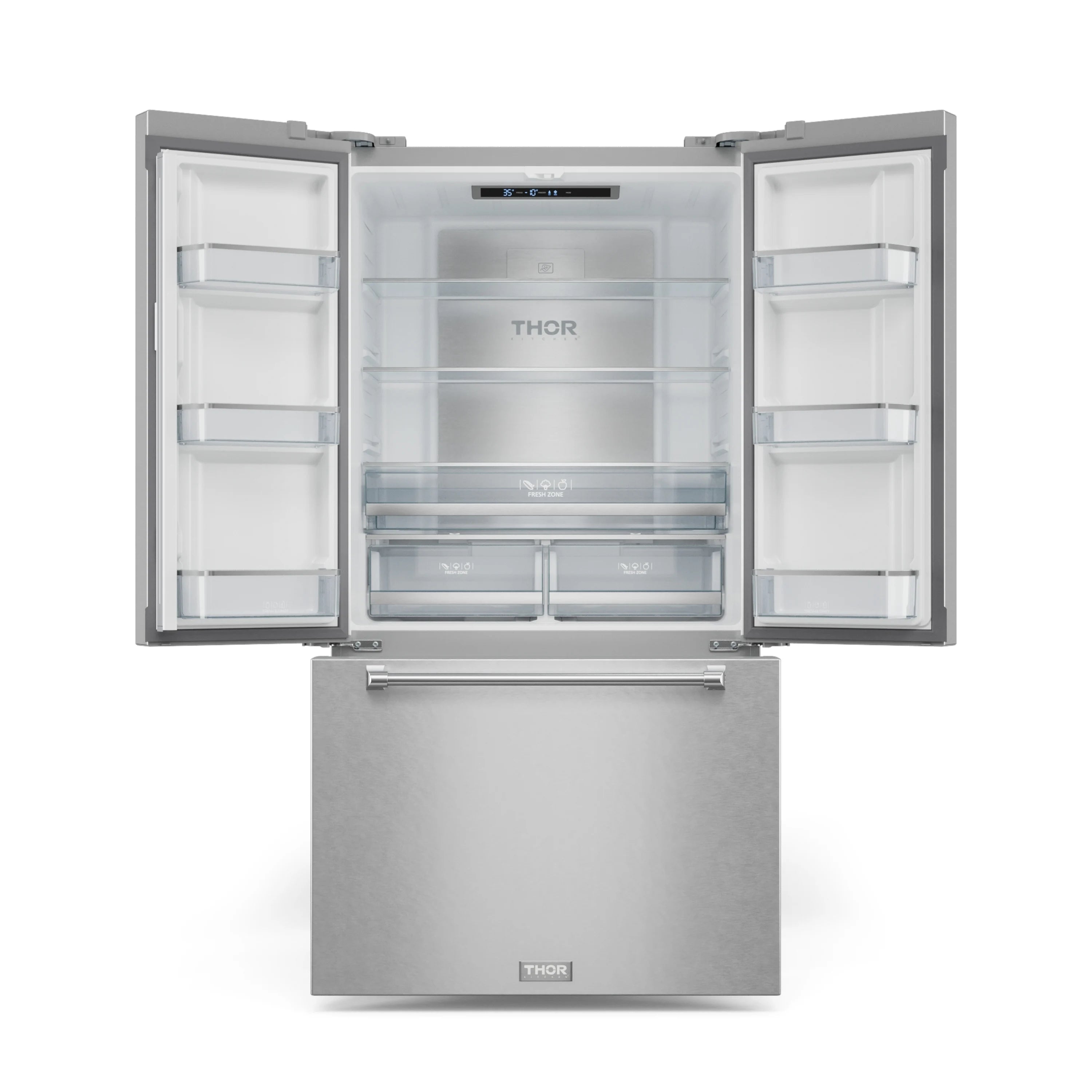 Stainless French door refrigerator with central glass shelf and side door bins