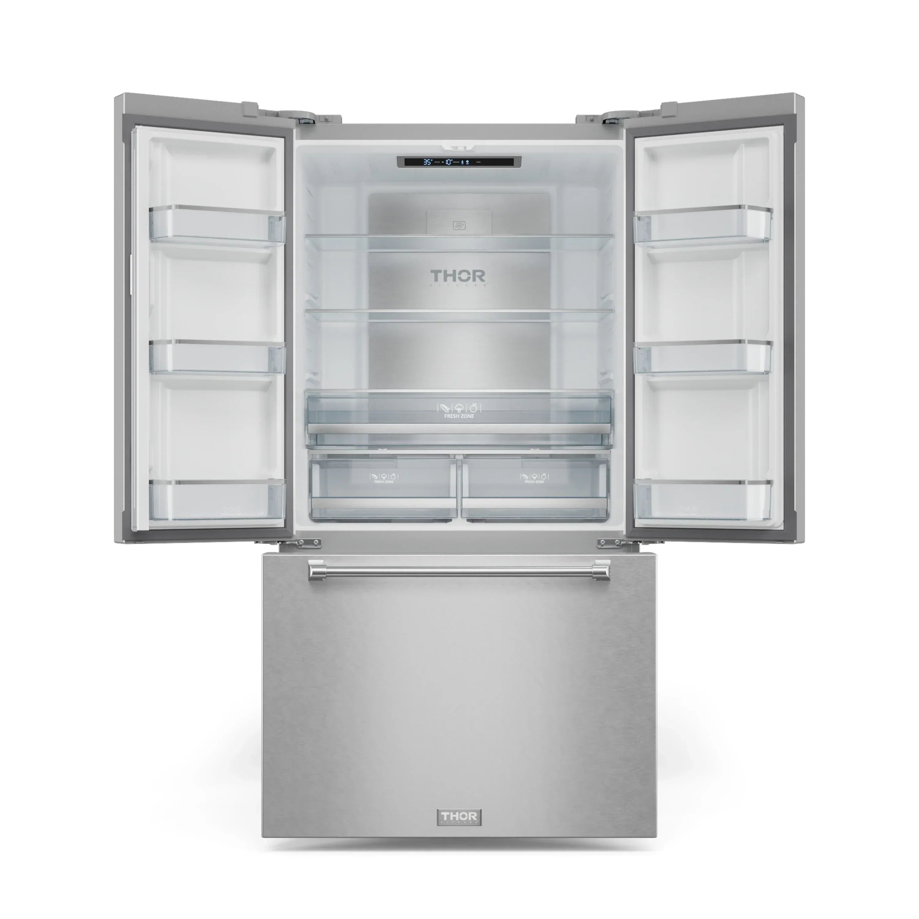 Stainless refrigerator-freezer with open doors, glass shelves and drawers