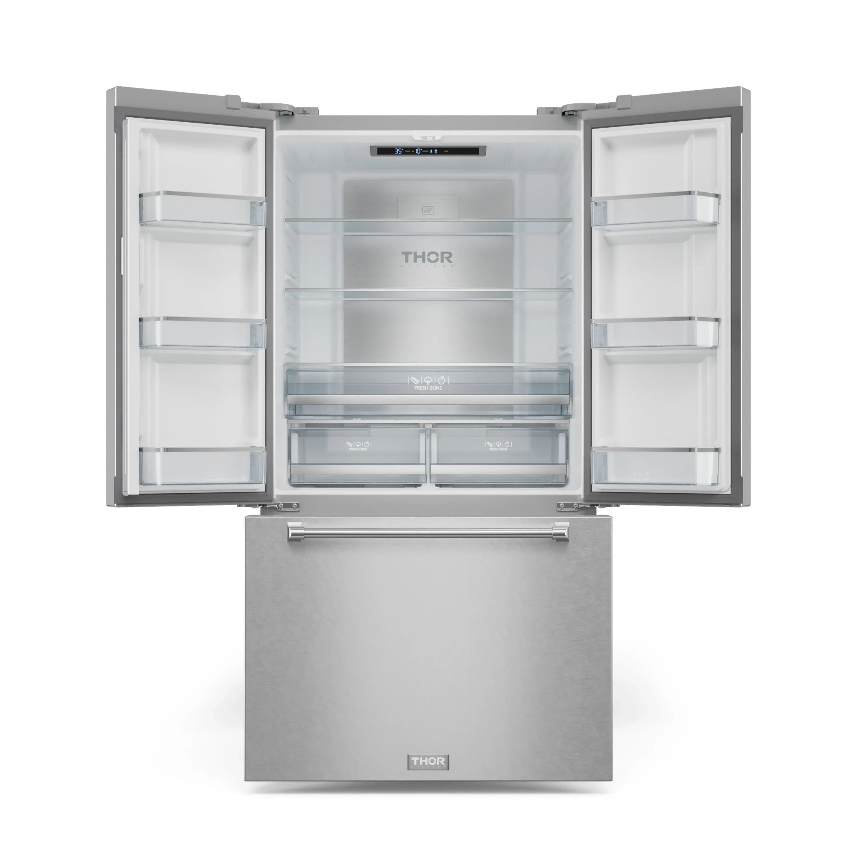Stainless steel refrigerator with both doors open, showing interior shelves and bins
