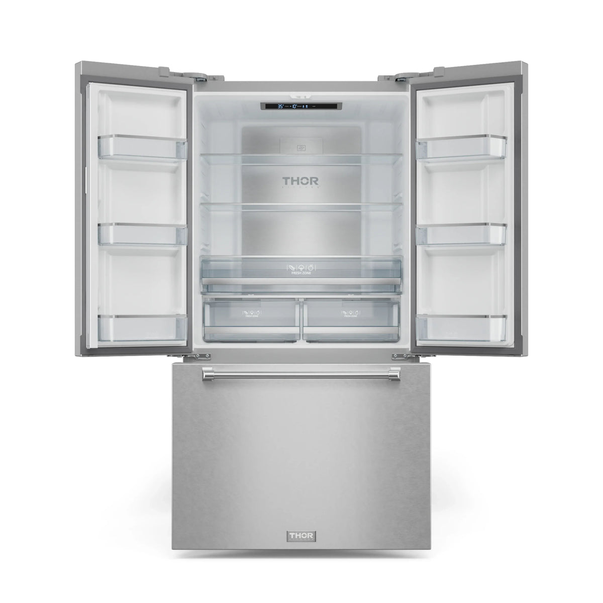 Stainless steel refrigerator with open doors, glass shelves, and pullout freezer drawer