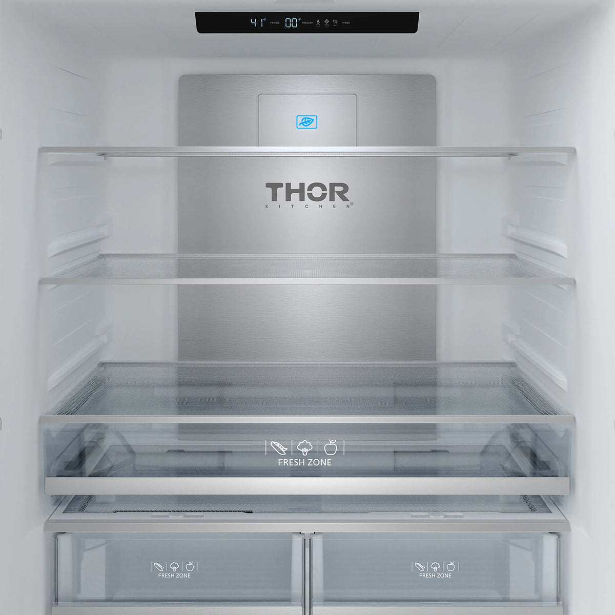 White French door refrigerator with open interior shelves and Fresh Zone glass cover