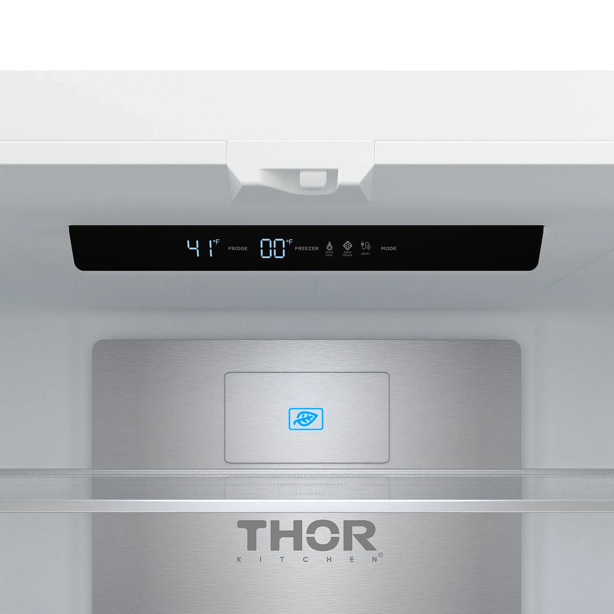 White counter-depth refrigerator with black handle and top control display