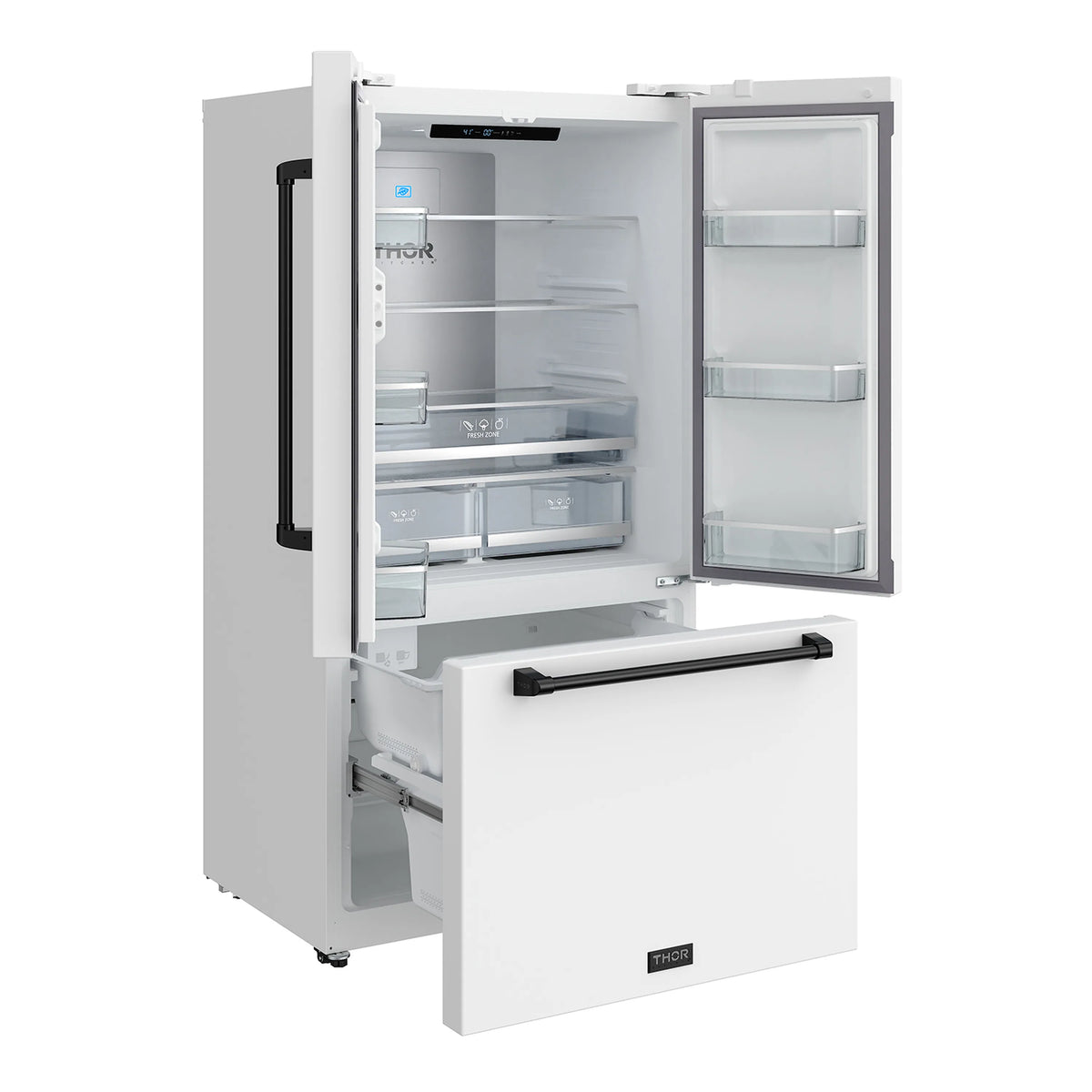 White French door refrigerator with left door open, shelves, and bins with lighting