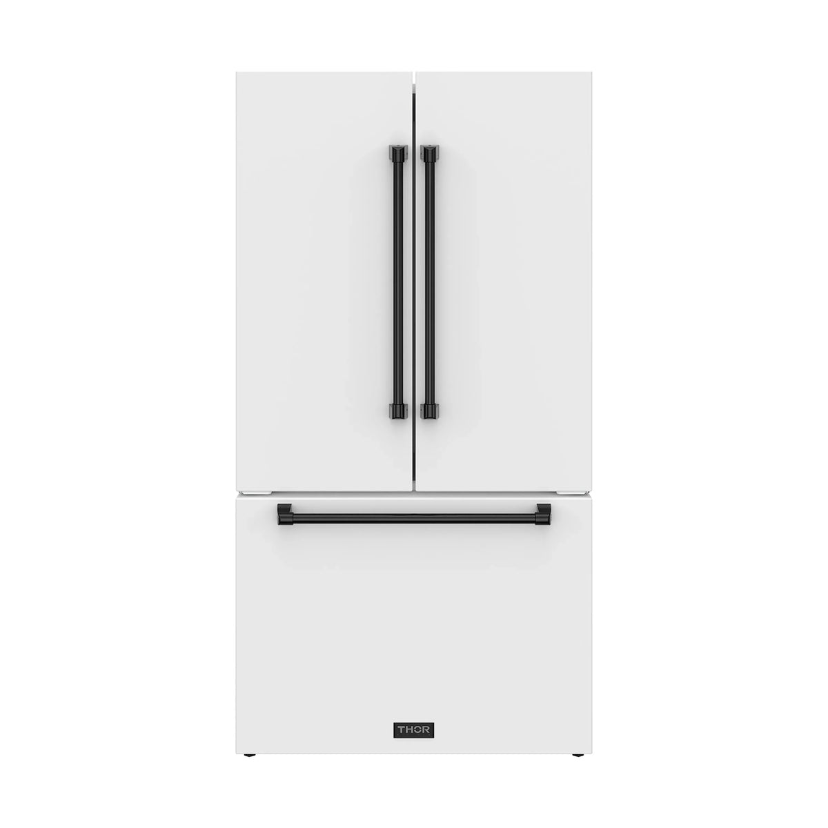 White French door refrigerator with black vertical handles and bottom freezer handle